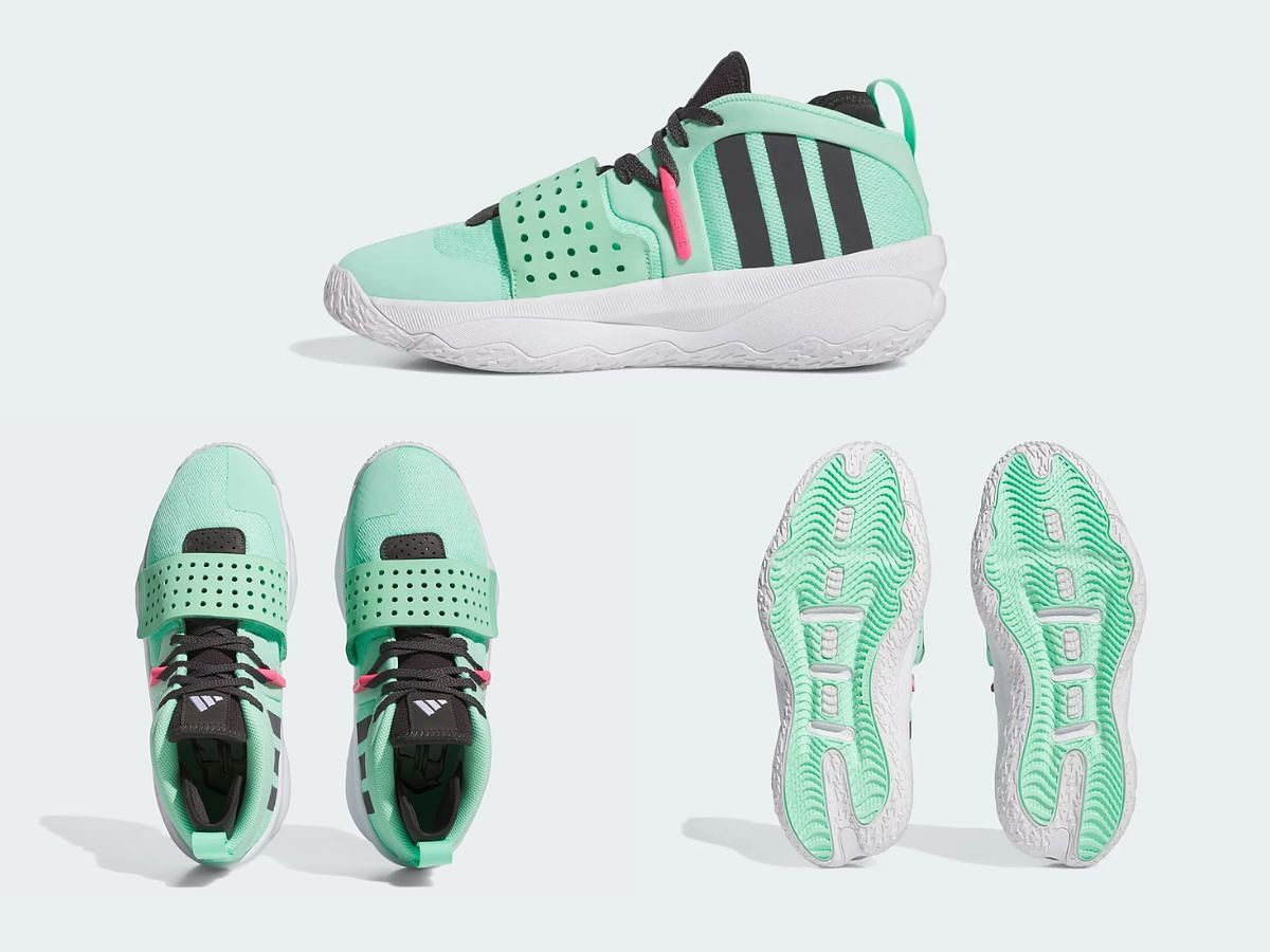 Adidas Dame 8 EXTPLY &ldquo;Pulse Mint&rdquo; sneakers overview (Image via Sneaker News)