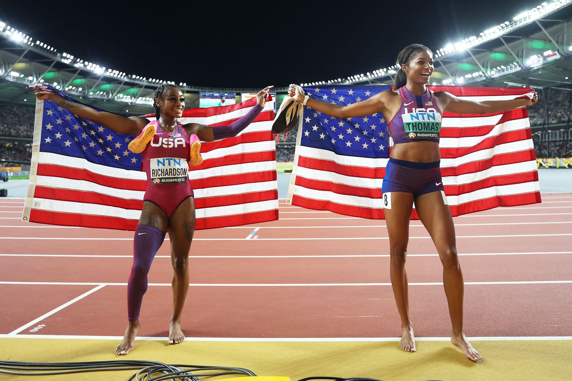 Bronze medalist Sha&#039;Carri Richardson and silver medalist Gabrielle Thomas of Team United States pose for a photo after the Women&#039;s 200m Final at the 2023 World Athletics Championships in Budapest, Hungary.