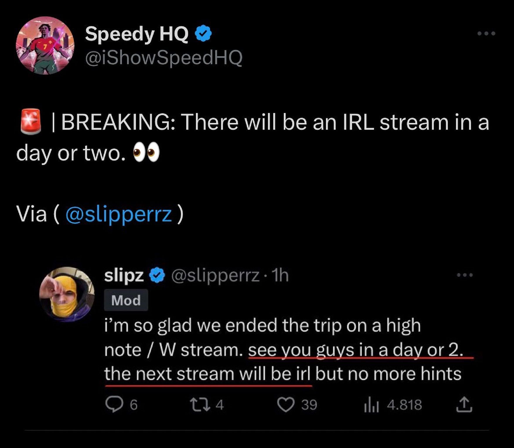 Slipz confirms brand new IRL stream. (Image via X)