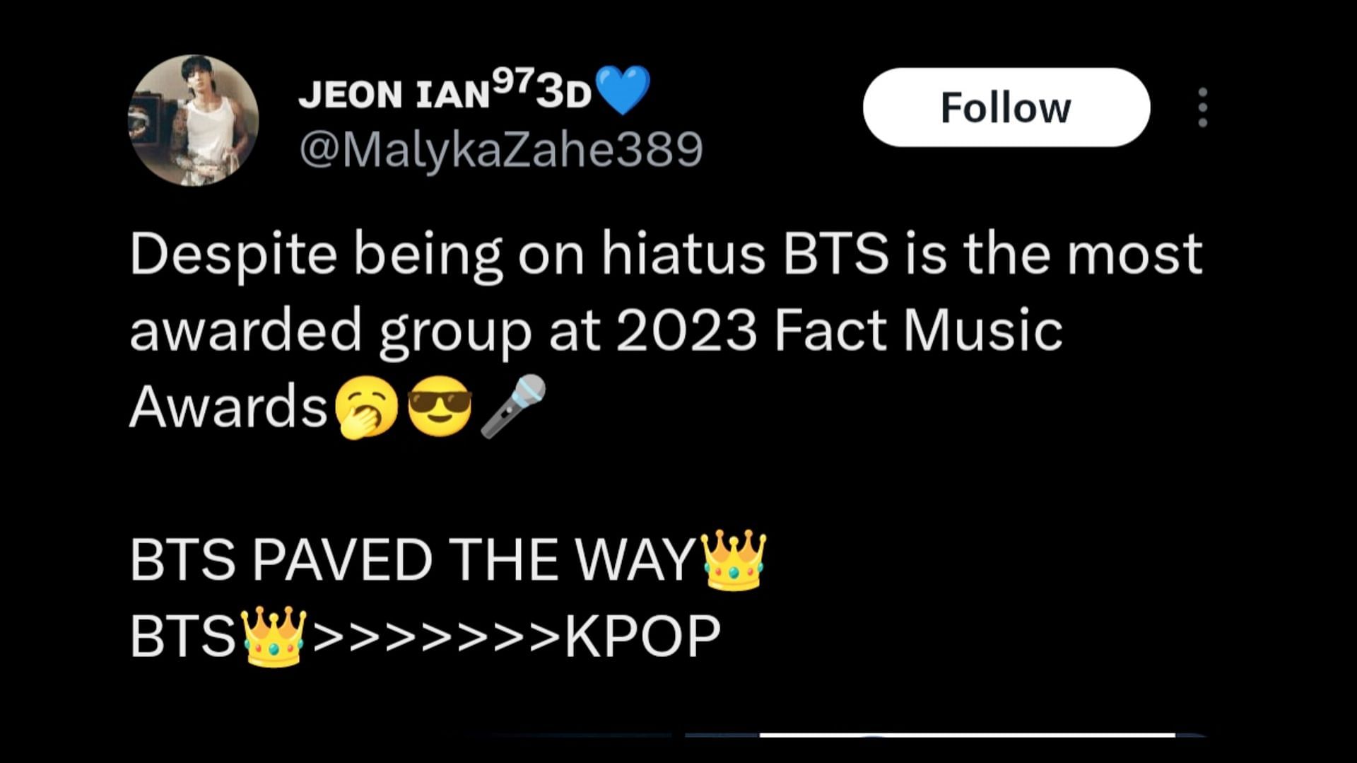 ARMYs celebrate as the group becomes the most awarded artists at the 2023 The Fact is Music Awards, despite being on hiatus (Image via X)