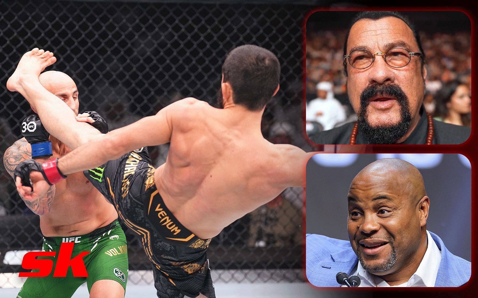 Islam Makhachev vs. Alexander Volkanovski (left); Steven Seagal (top right) [images courtesy of @ufc/Twitter]; Daniel Cormier (bottom right) [images courtesy of Getty Images]