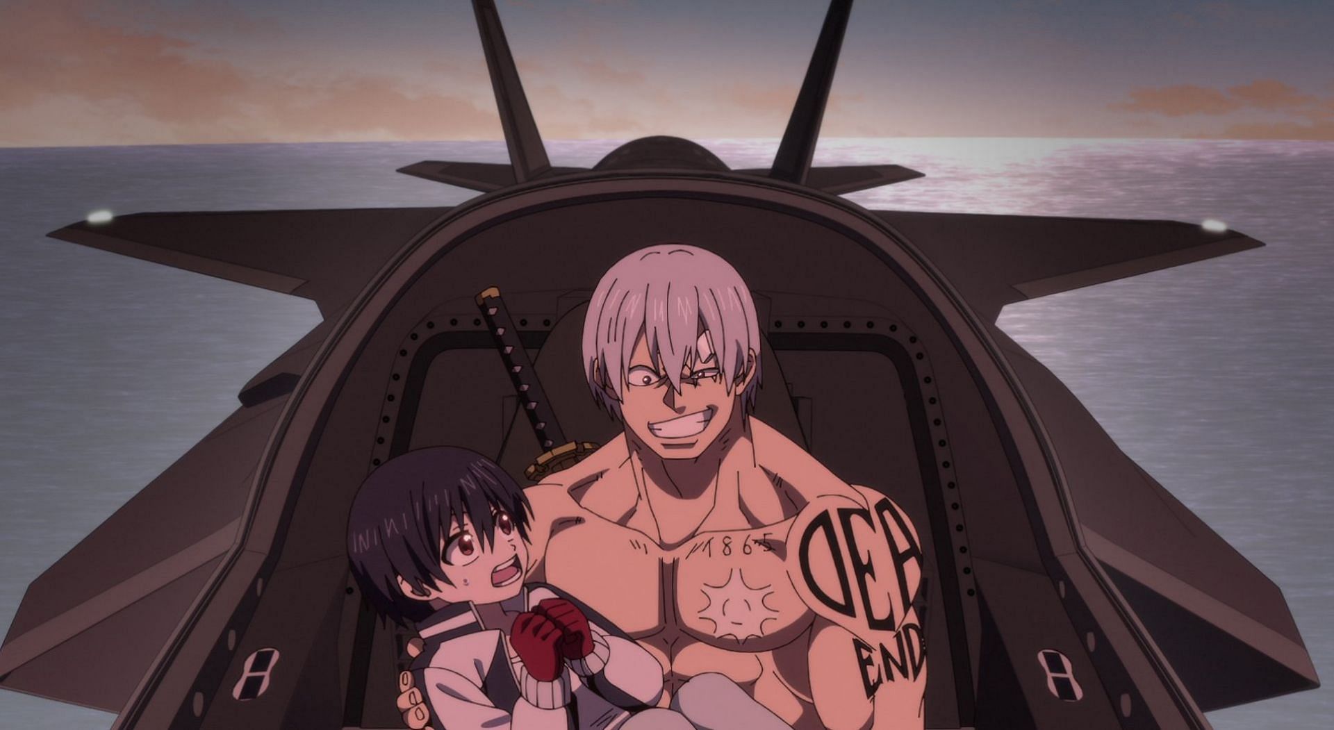 Andy and Fuuko share a plane in Undead Unluck episode 3 (Image via David Production)