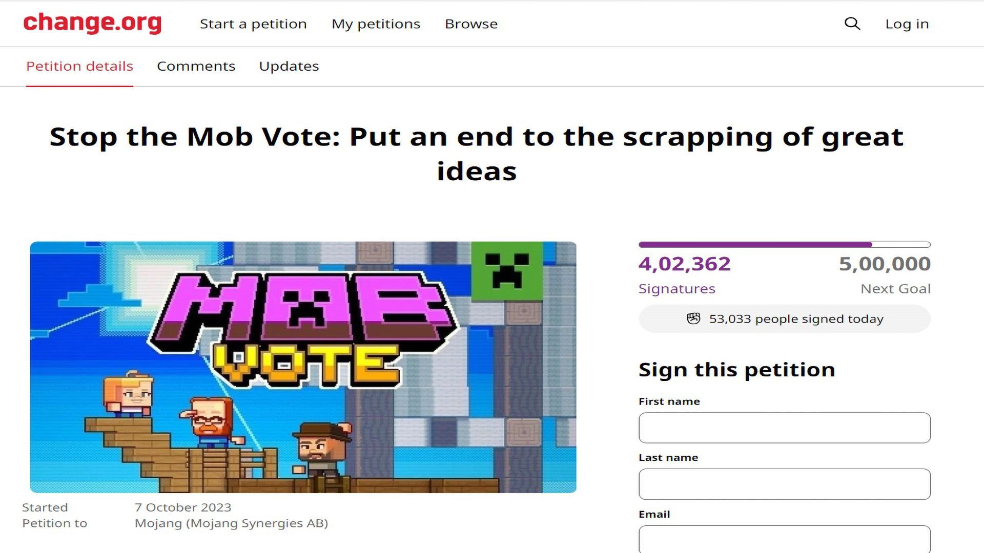 295k Minecraft fans criticise lack of new content in Stop the Mob Vote  petition