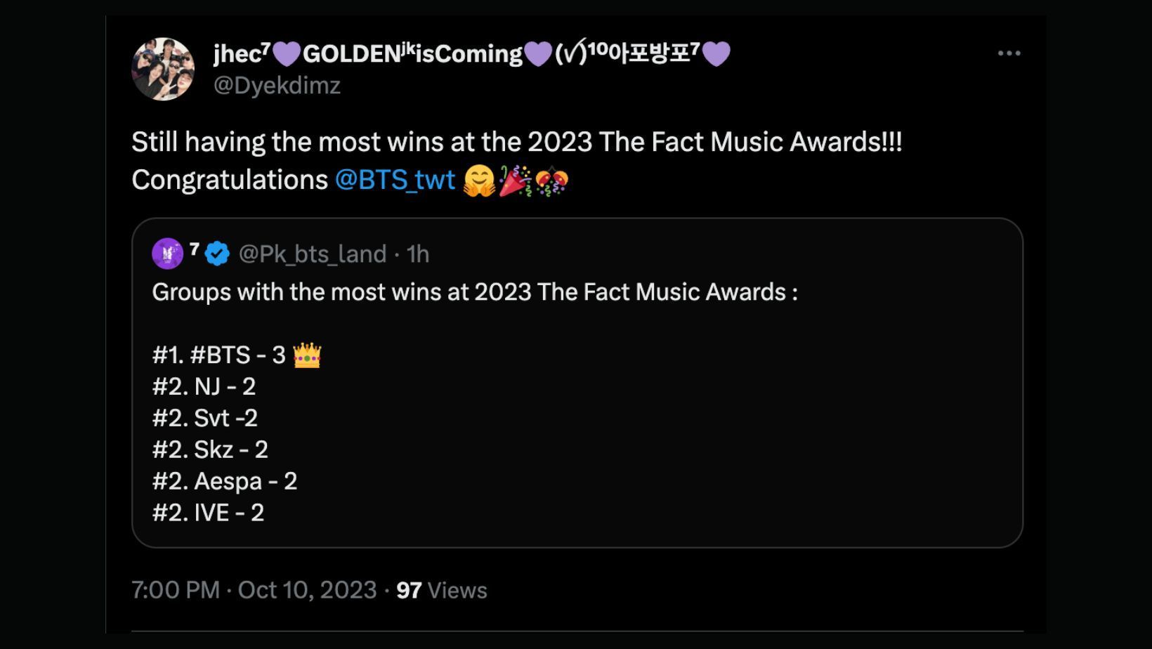 Fans praise the group for their win at the Fact Music Awards 2023. (Image via Twitter/@Dyekdimz)