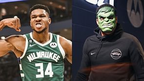 Hilarity ensues as Giannis Antetokounmpo brings out Hulk Halloween costume during media session: "Don't be scared come on"