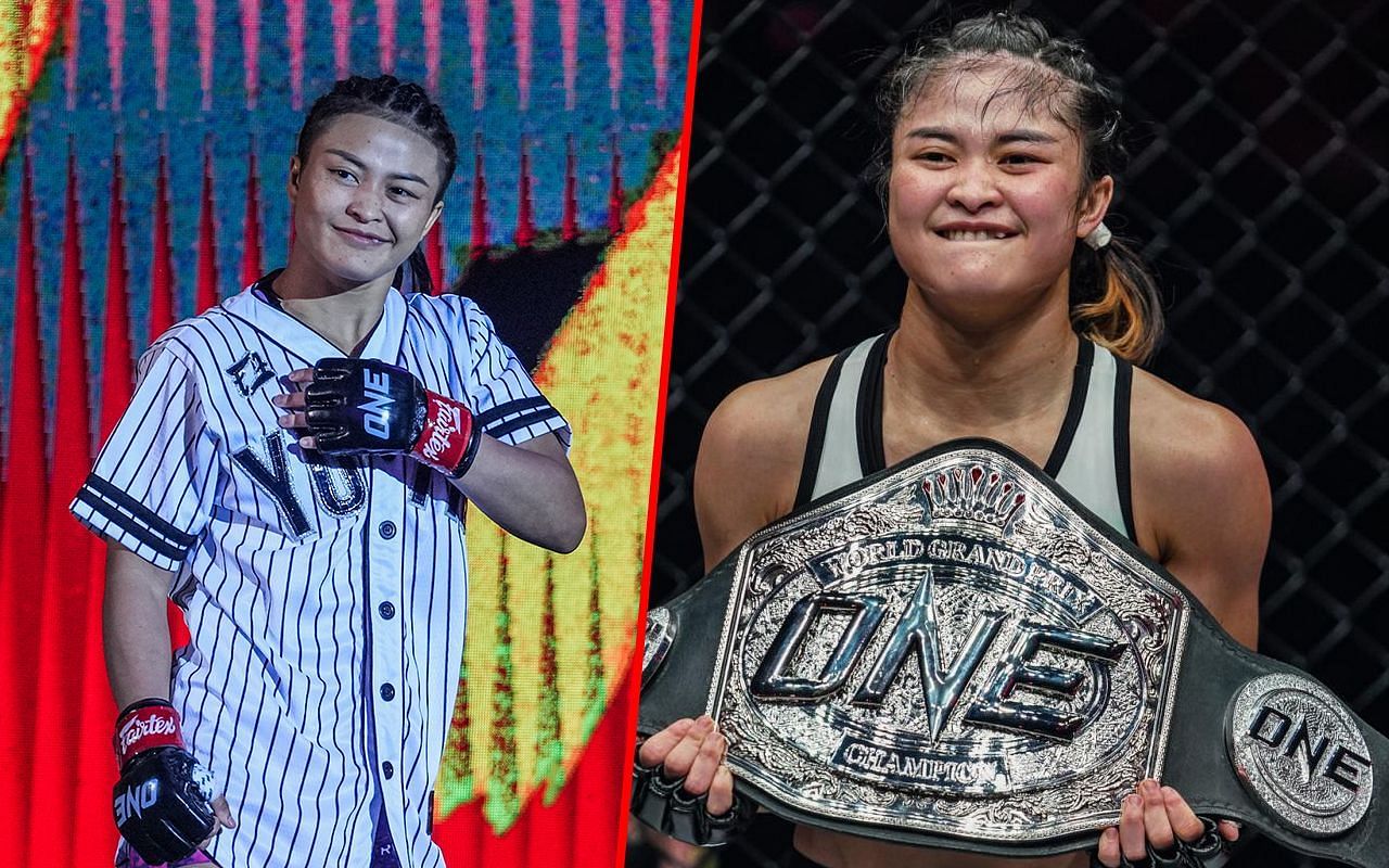 Stamp Fairtex (left) and Stamp holding the ONE Grand Prix World title (right) | Image credit: ONE Championship