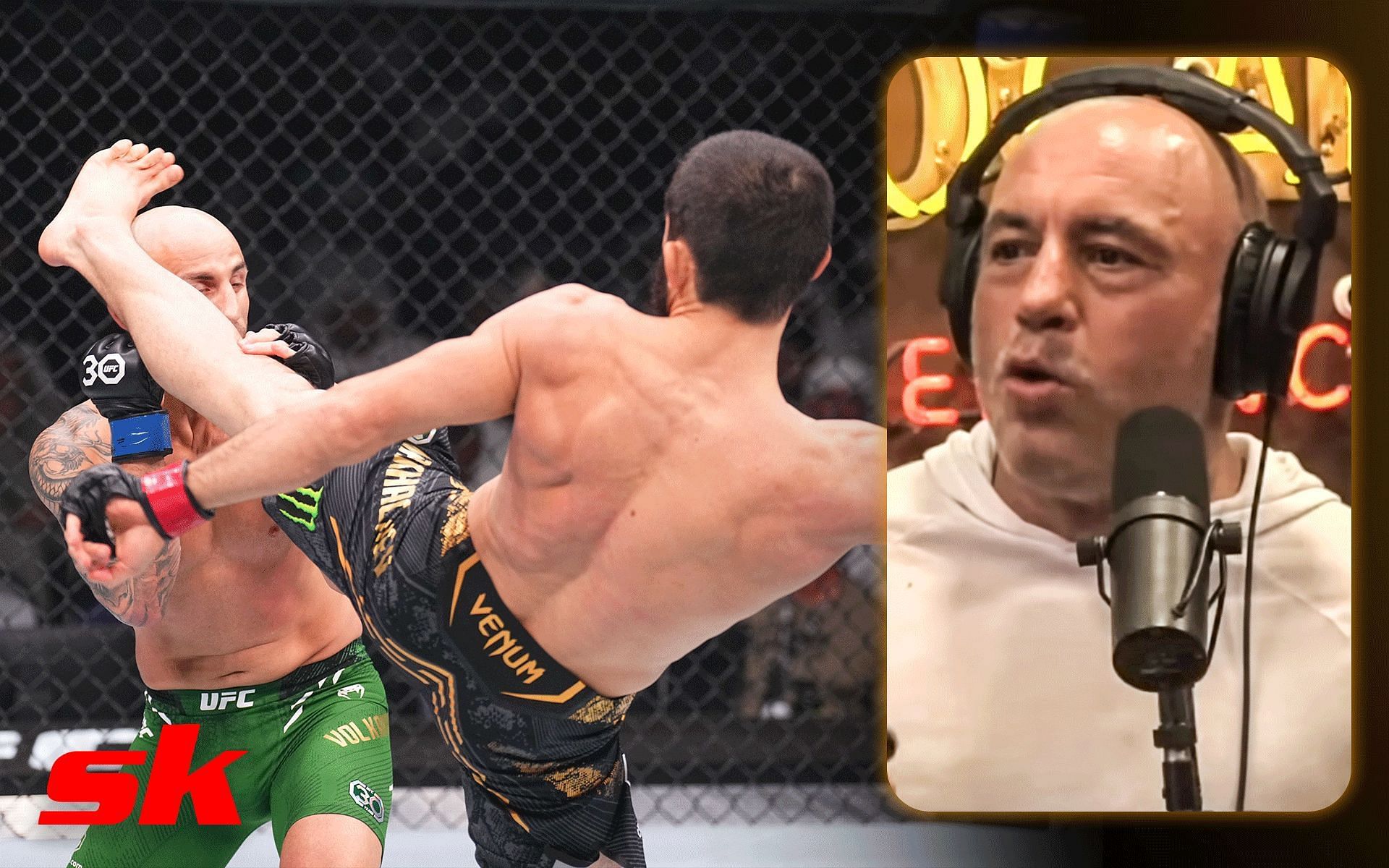 Islam Makhachev and Alexander Volkanovski at UFC 294 (left) and Joe Rogan (right) (Images via @ufc 