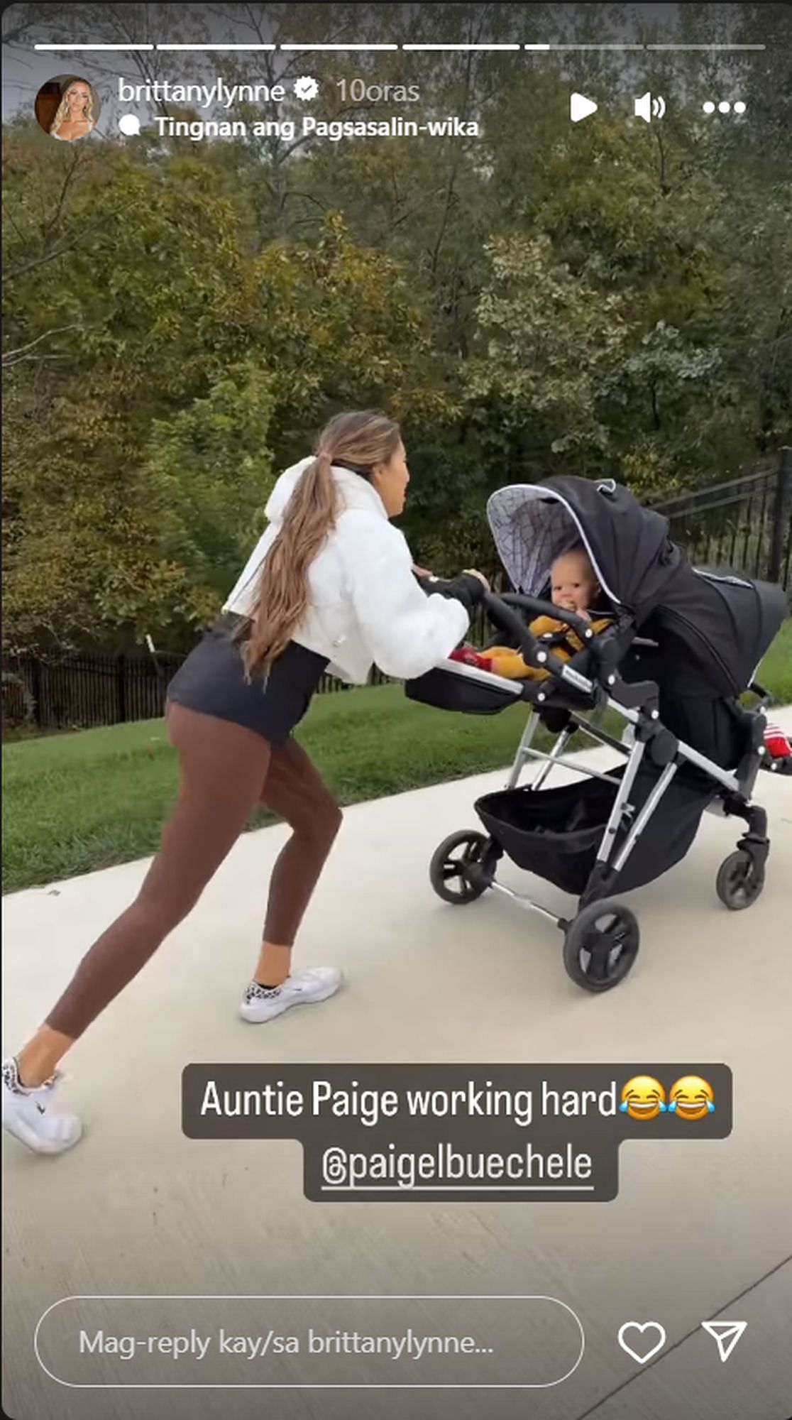 Paige Buechele (wife of Patrick Mahomes&#039; former teammate Shane) pushing Bronze&#039;s stroller as Brittany looks on