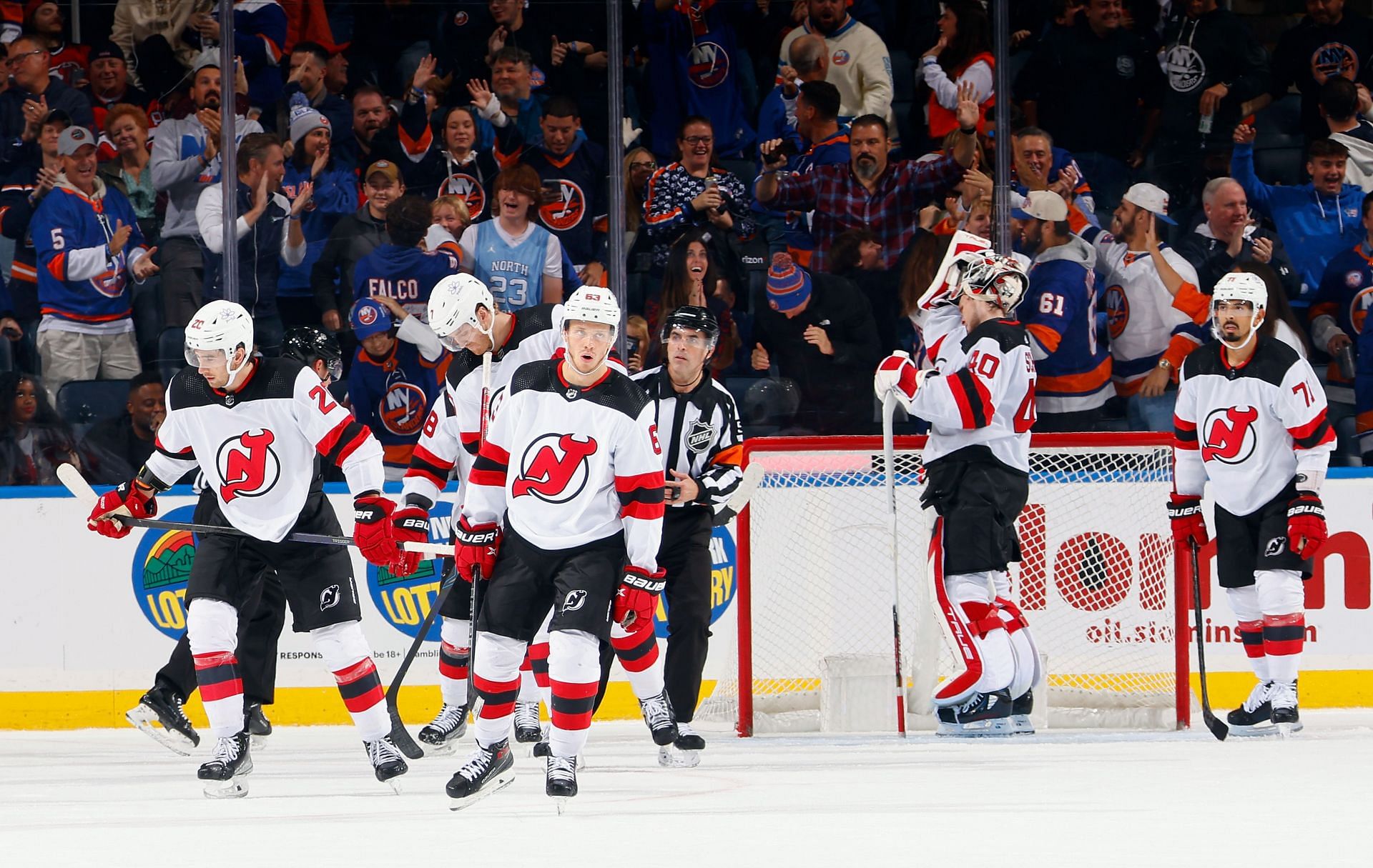 Jack Hughes of the New Jersey Devils reacts after scoring a goal