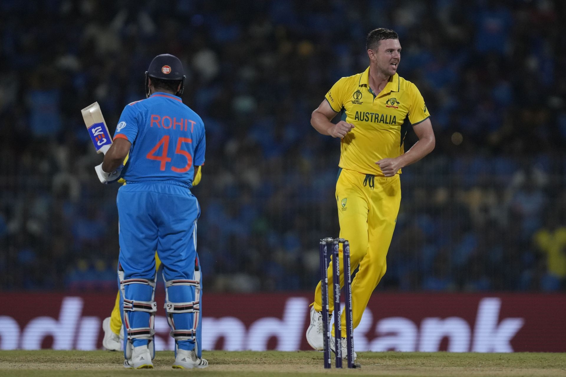 Josh Hazlewood celebrates Rohit Sharma&#039;s wicket. (Image Credits: Getty)