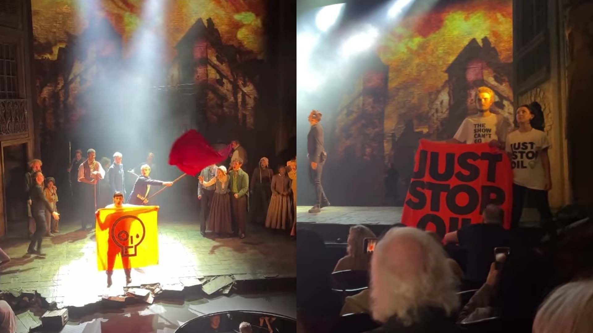 Just Stop Oil activists arrested for disrupting a Les Mis&eacute;rables production (Image via Instagram/@Just.stopoil)