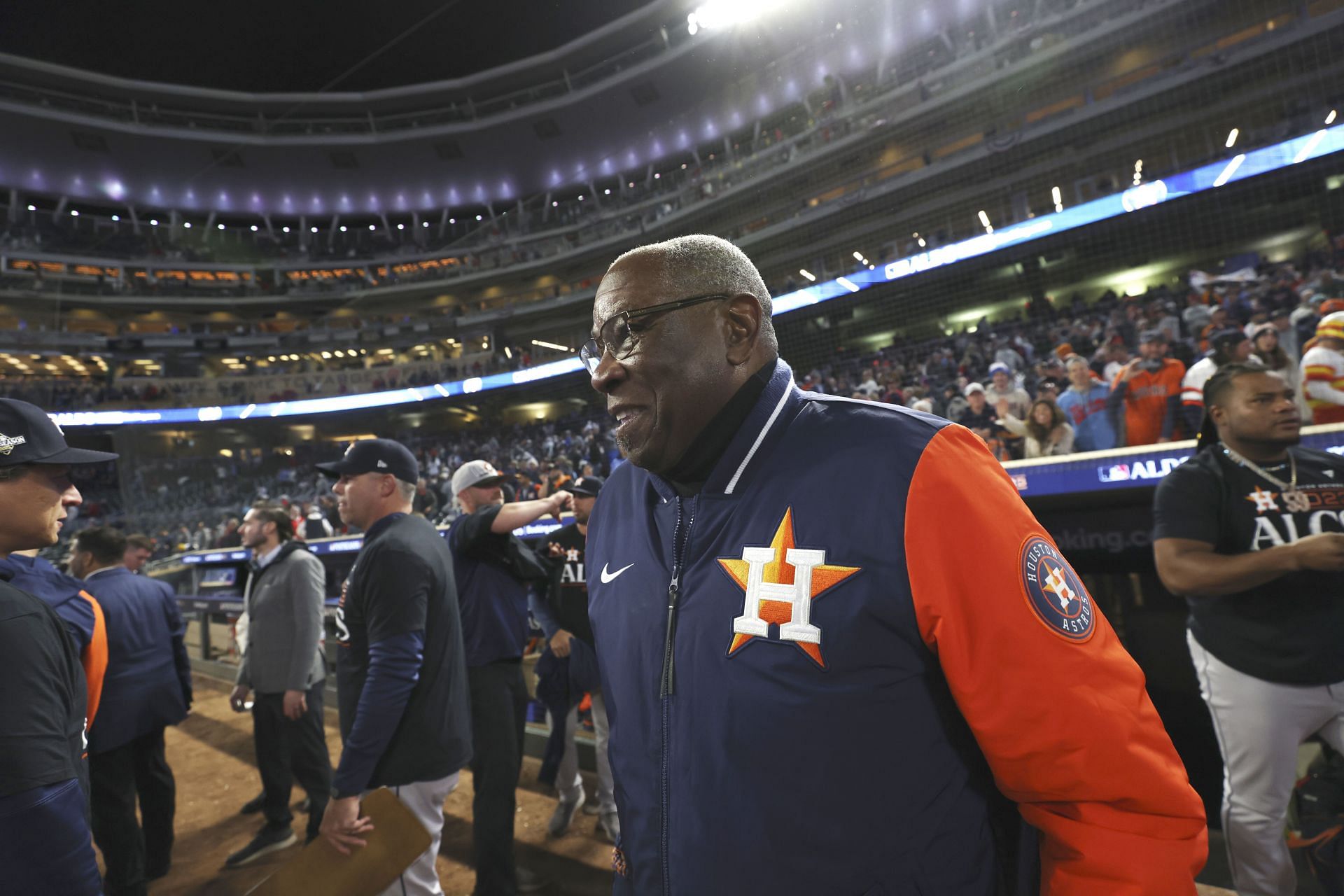 Houston Astros manager Dusty Baker Jr. smiles after his team defeated the Minnesota Twins in the AL Division Series