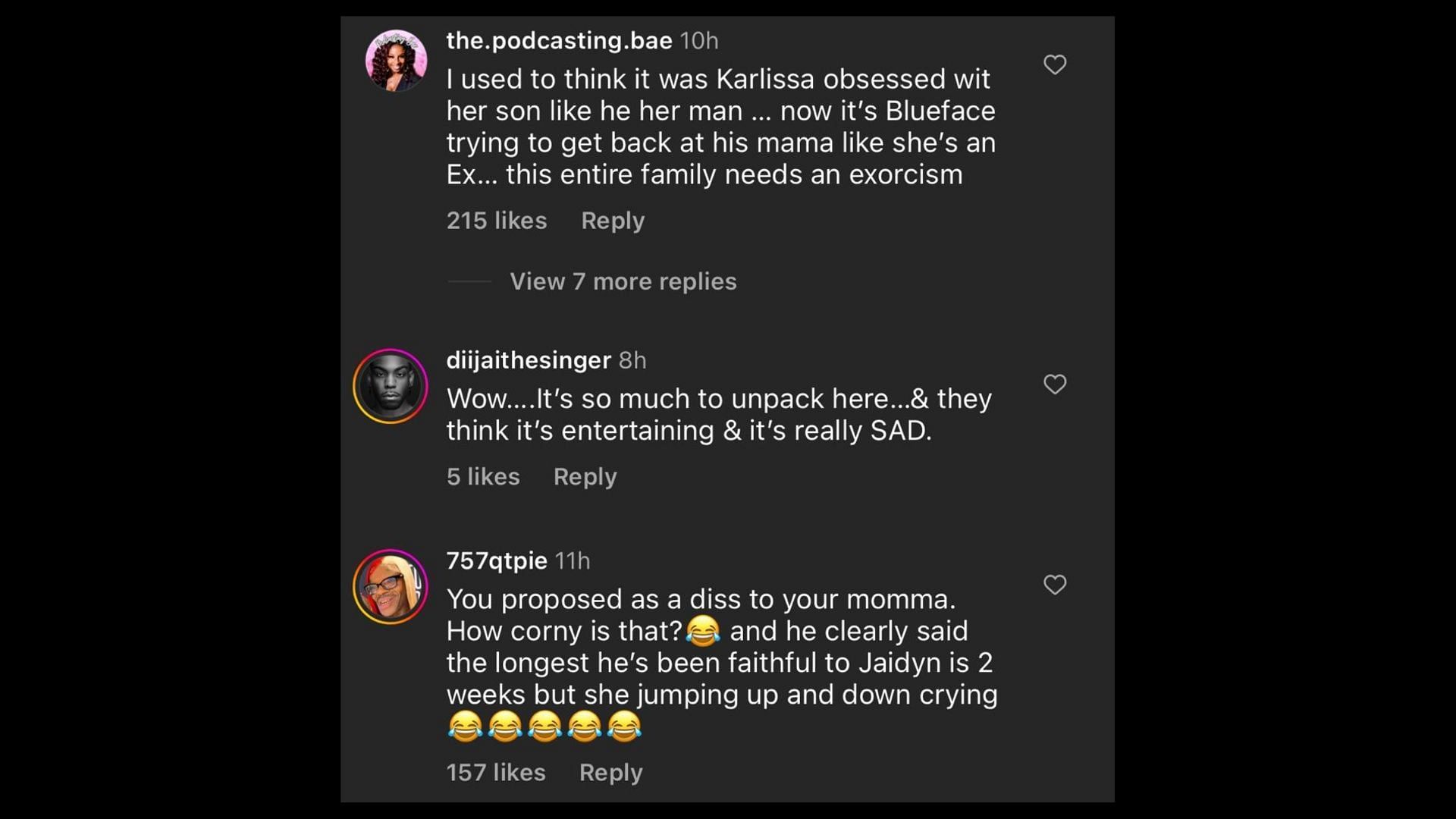 Screenshot of Internet users remarking on Blue&#039;s posts about his mother Karlissa. (Photo via @theneighborhoodtalk/Instagram)