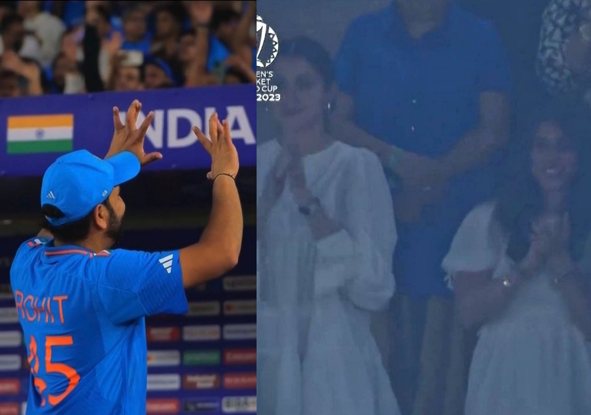 Rohit Sharma gesturing to his wife in the stands after the win. 