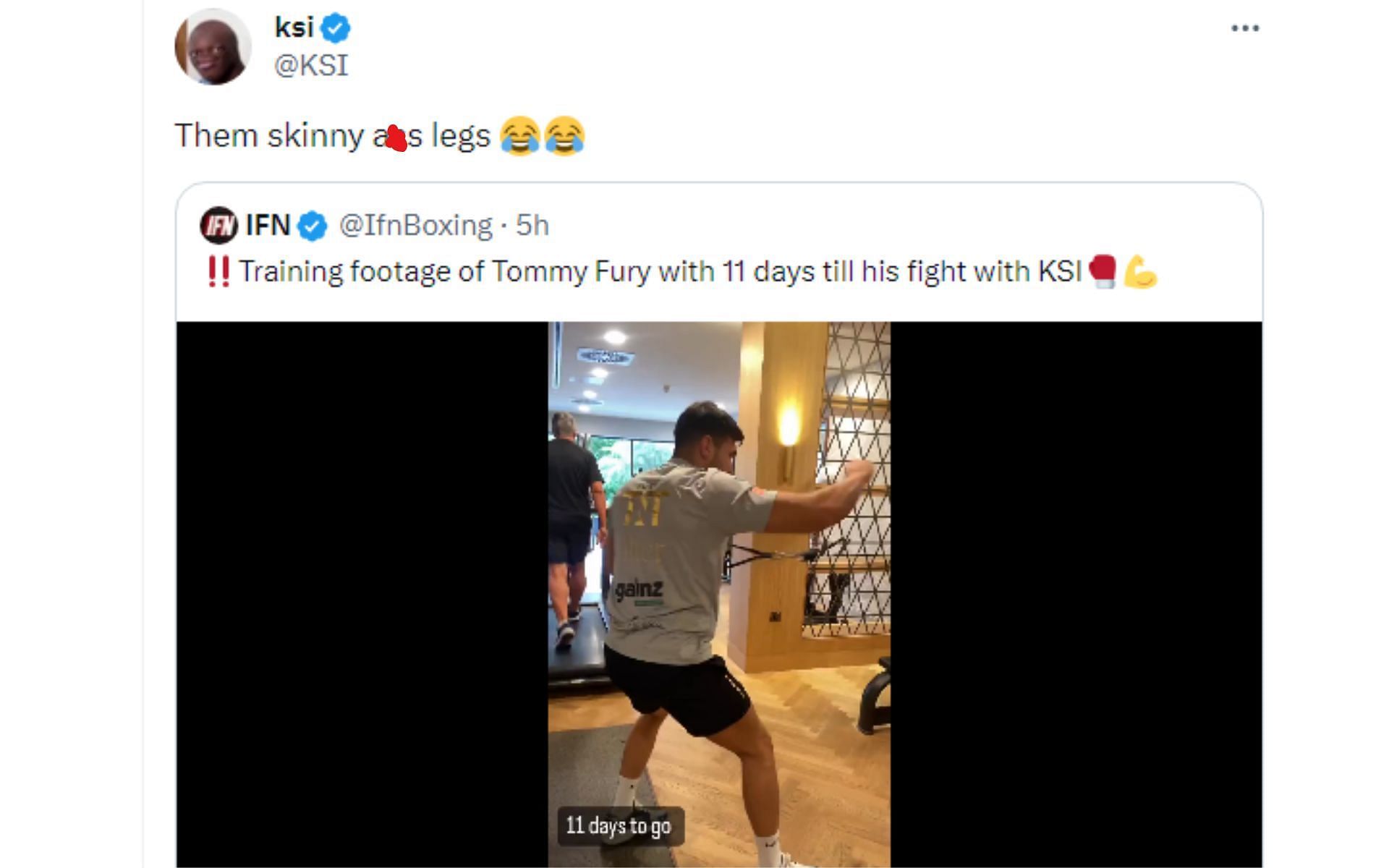 Tweet reacting to Tommy Fury training footage