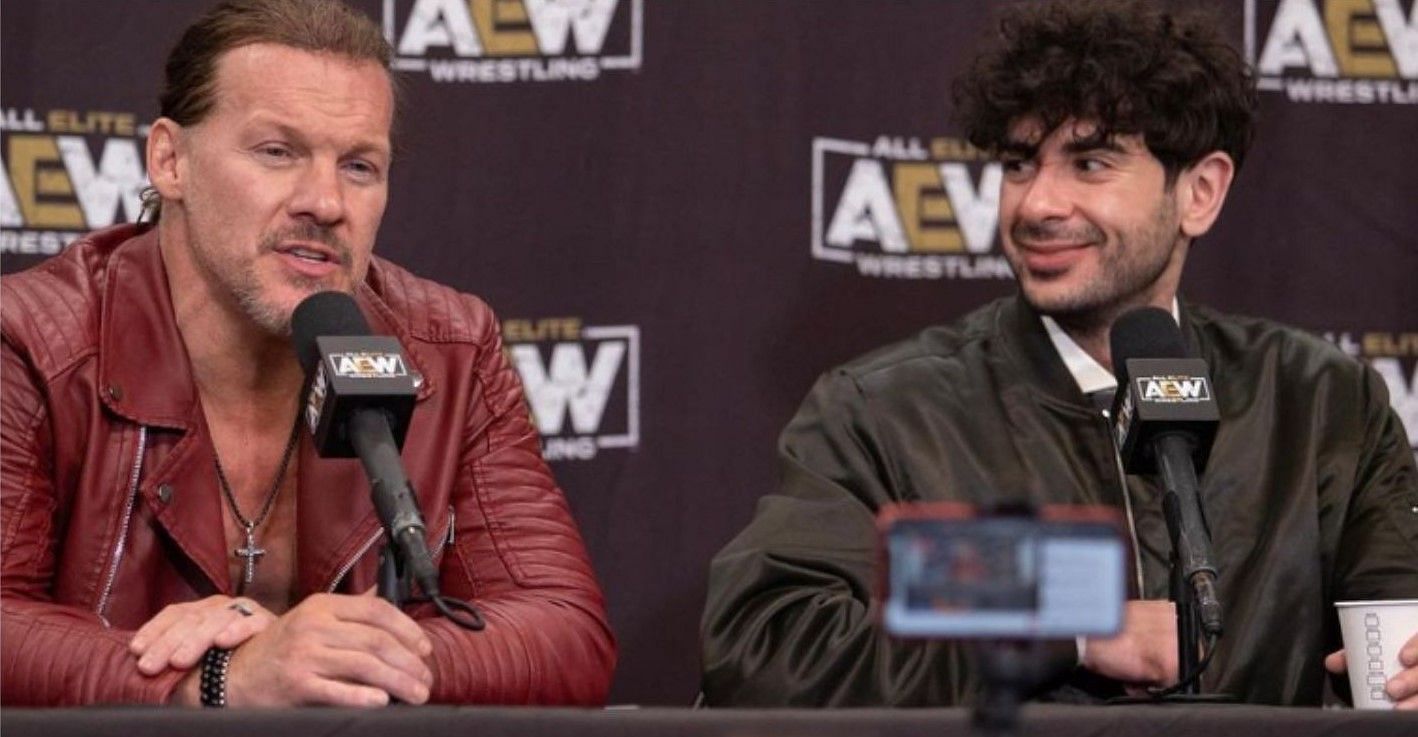 Chris Jericho and Tony Khan at AEW Double or Nothing media scrum last year!