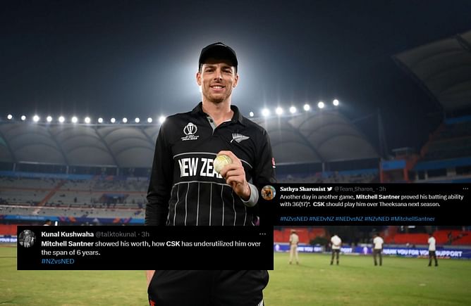 "Csk doesn't deserve Mitchell Santner, Come to RCB king" - Fans react after all-rounder's match-winning performance in NZ vs NED 2023 World Cup clash