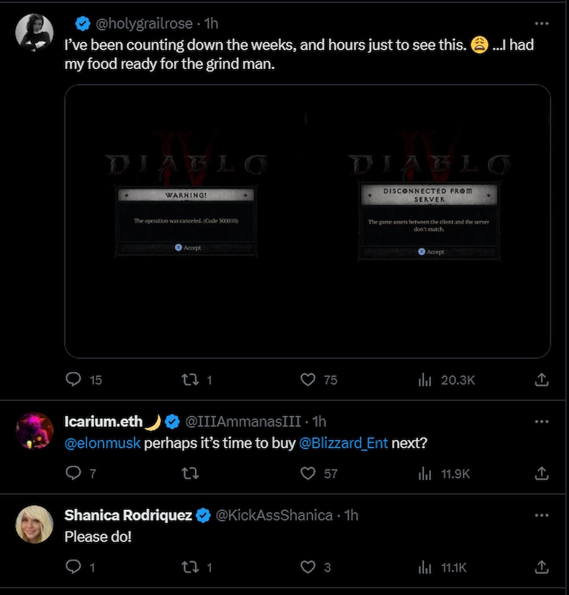 Players have also called upon Elon Musk to purchase Blizzard Entertainment following a failed Diablo 4 Season 2 launch (Screenshot by Sportskeeda)