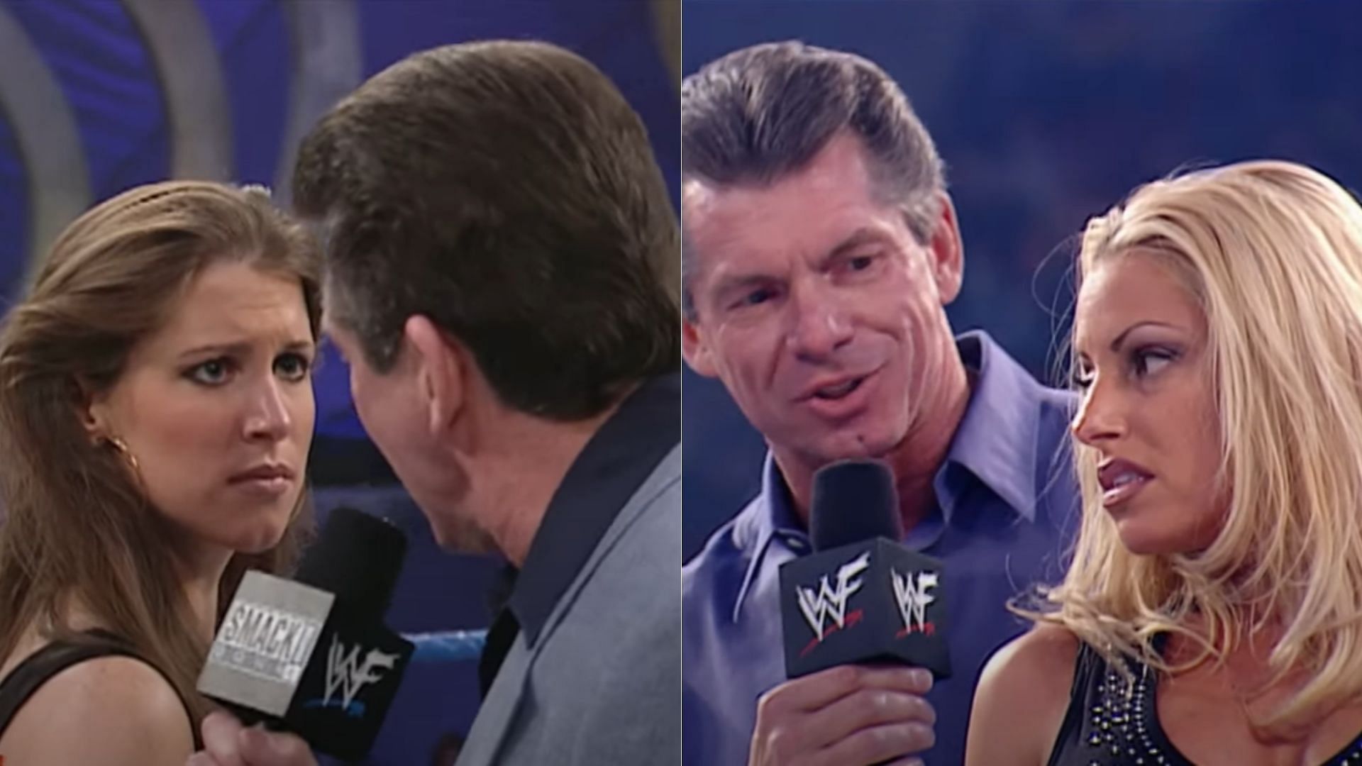 Vince McMahon with Stephanie McMahon (left) and Trish Stratus (right)