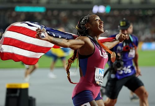 Sha'Carri Richardson of Team United States celebrates winning the Women's 100m Final during the World Athletics Championships in Budapest, Hungary.