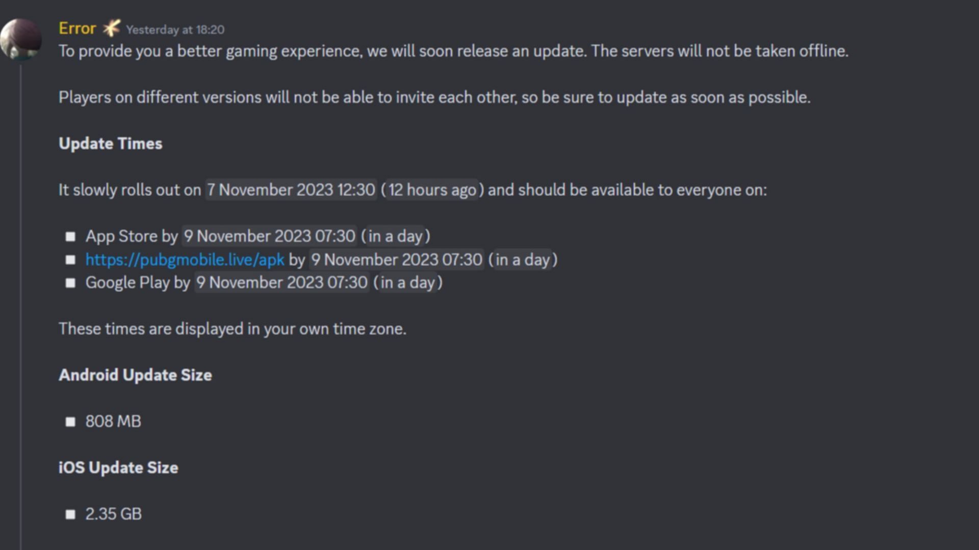 Snippet showing the official announcement highlighting the 2.9 update&#039;s schedule and size (Image via official Discord server)