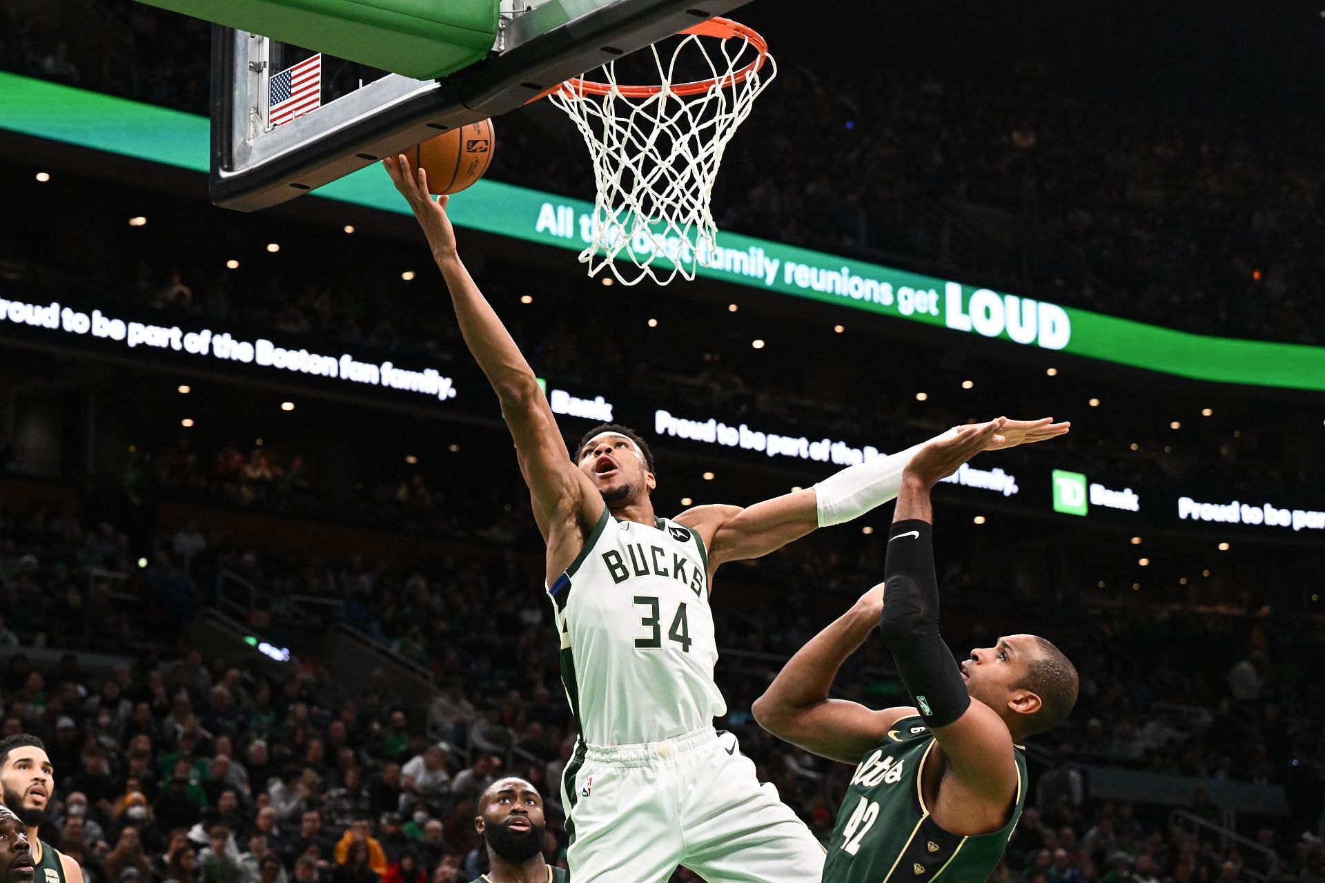 Giannis Antetokounmpo of the Milwaukee Bucks against the Boston Celtics