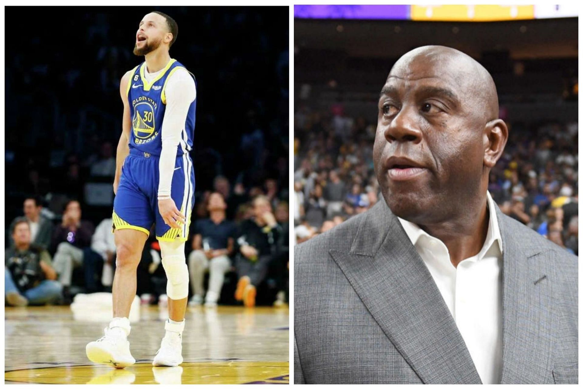 The debate beteween who the greatest point guard of all-time is between Steph Curry (left) and Magic Johnson (right) continues