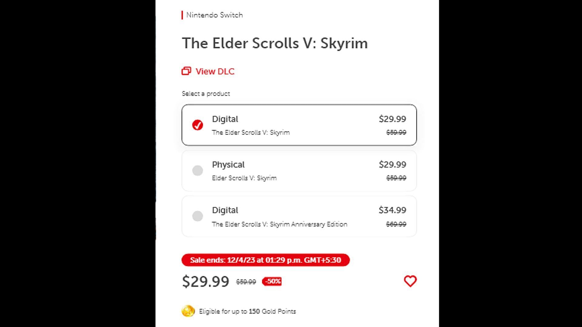 Skyrim&#039;s Cyber Monday Deal price (Image via nintendo.com)