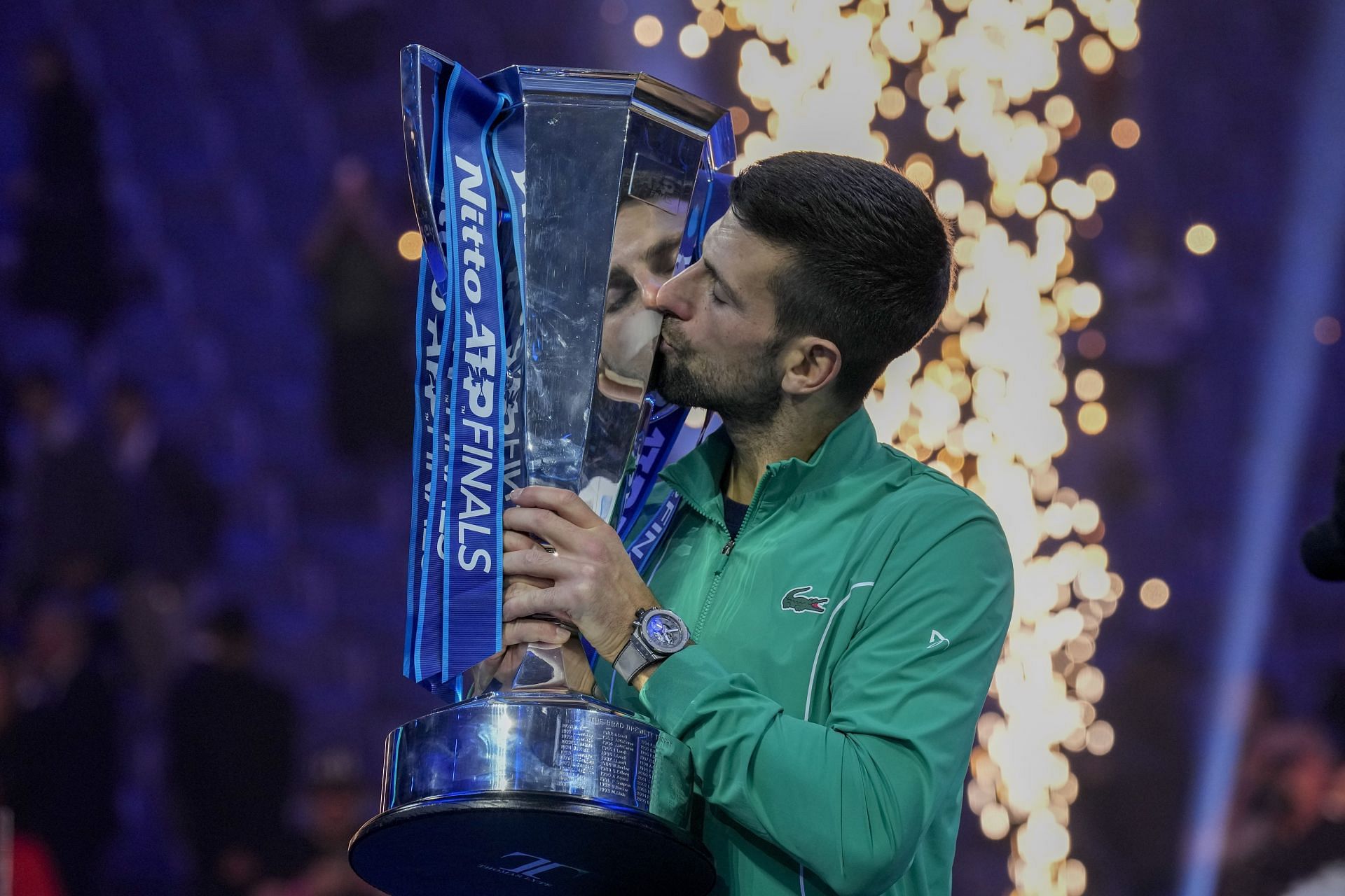 Novak Djokovic with the 2023 ATP Finals trophy