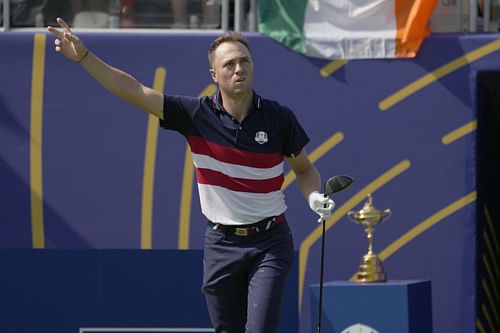 Justin Thomas reacts during his singles match at the Ryder Cup 2023 at the Marco Simone Golf Club