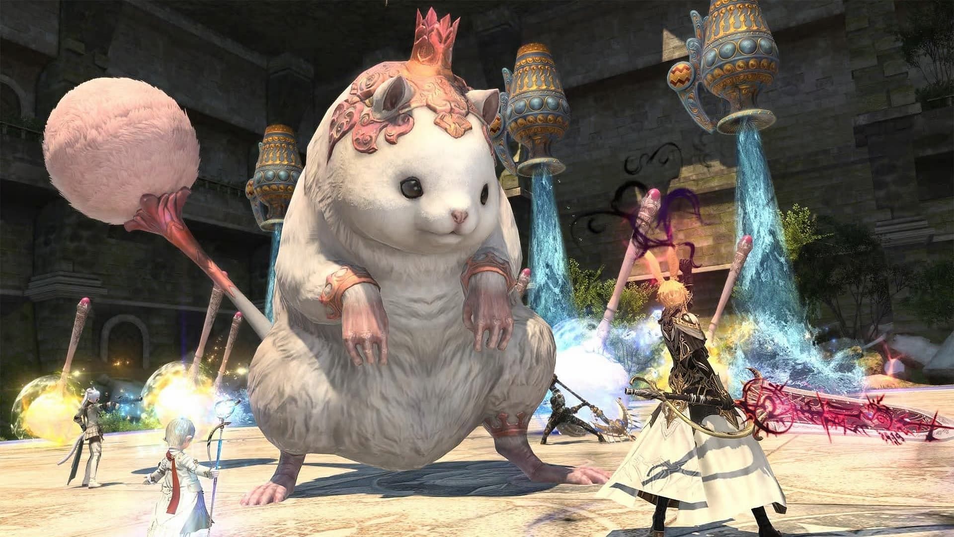 Adventurers battling bosses in Final Fantasy 14