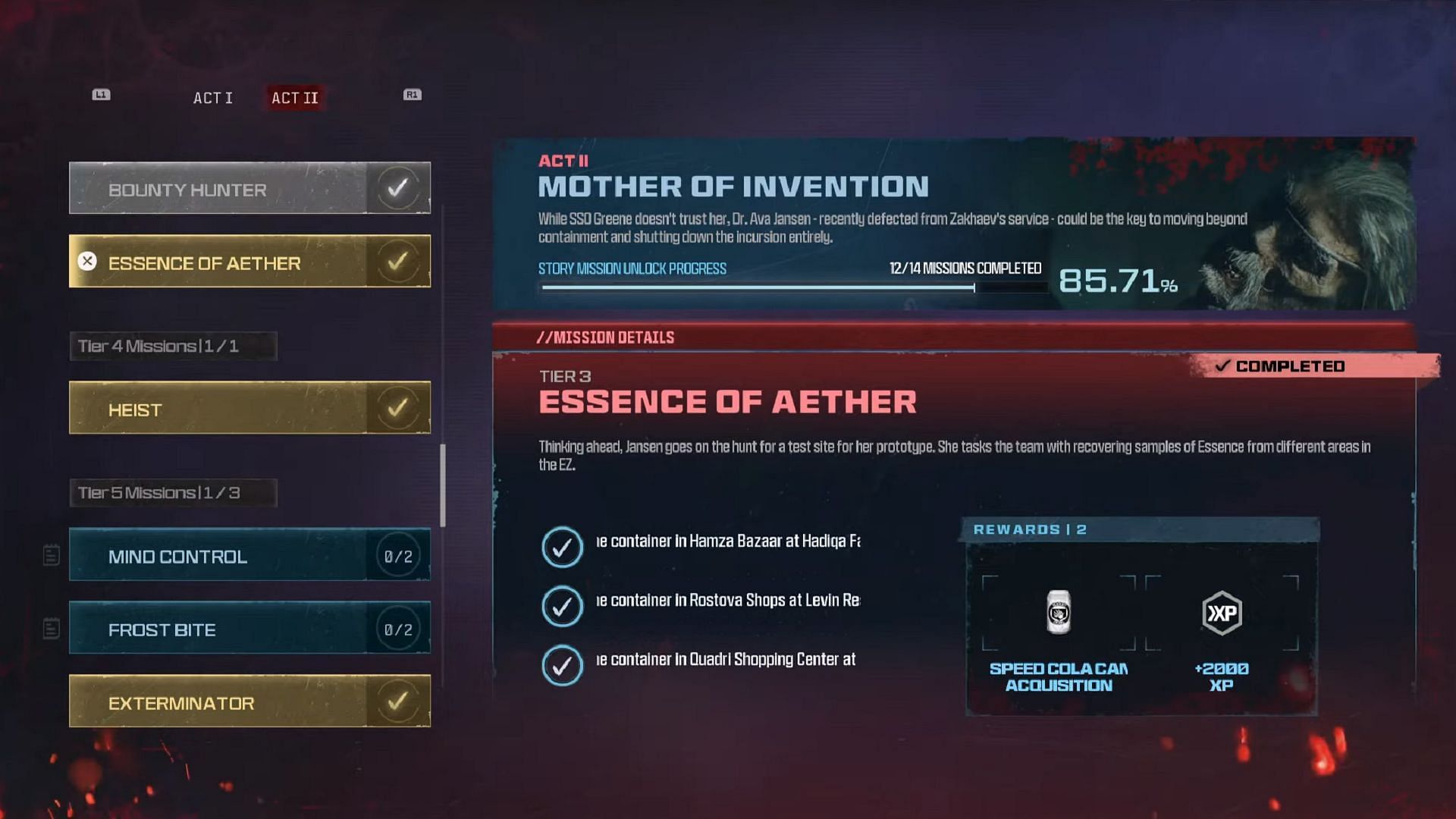 Rewards for completing the Essence of Aether mission in MW3 Zombies. (Image via Activision)