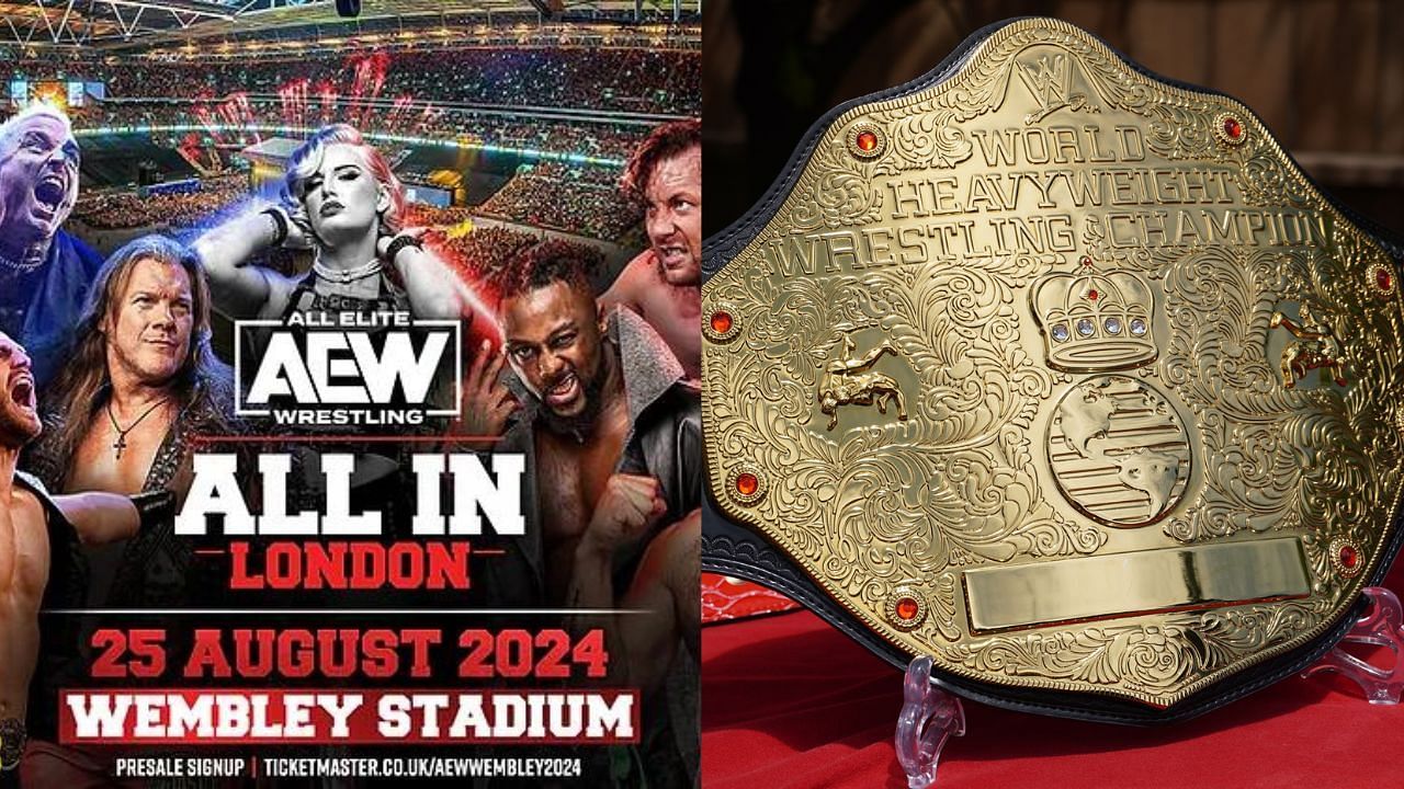AEW All In 2024 poster (left) and WWE World Title (Right)