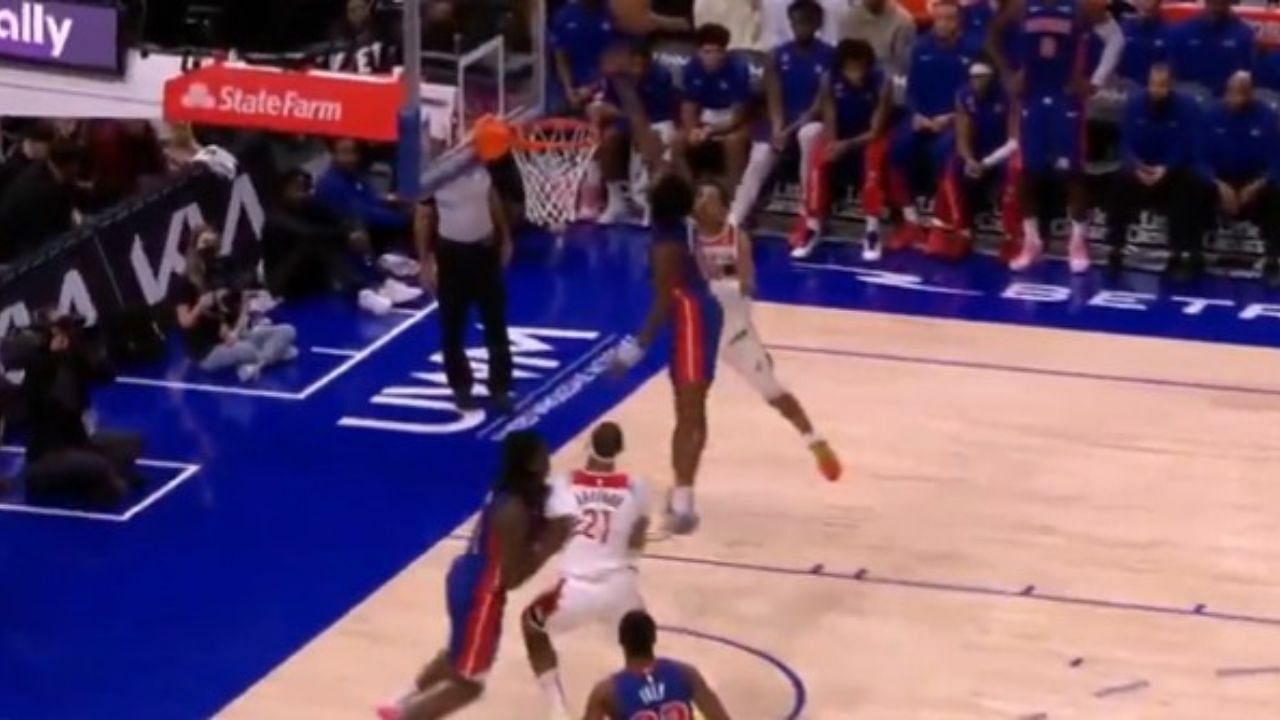Detroit Pistons forward Ausar Thompson emphatically rejects Washington Wizards guard Jordan Poole