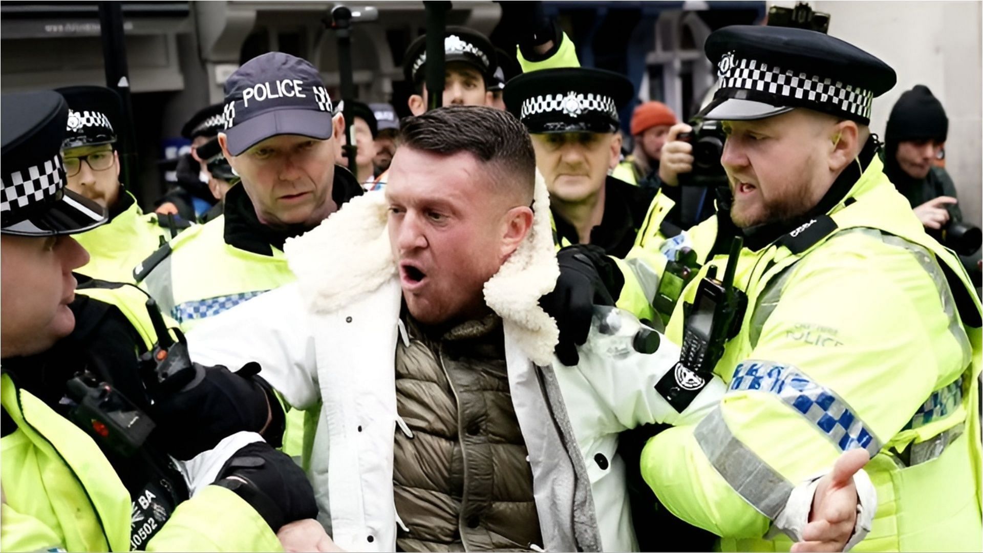 Tommy Robinson was arrested for his participation at the antisemitism protest in London (Image via PymPurnell/X)