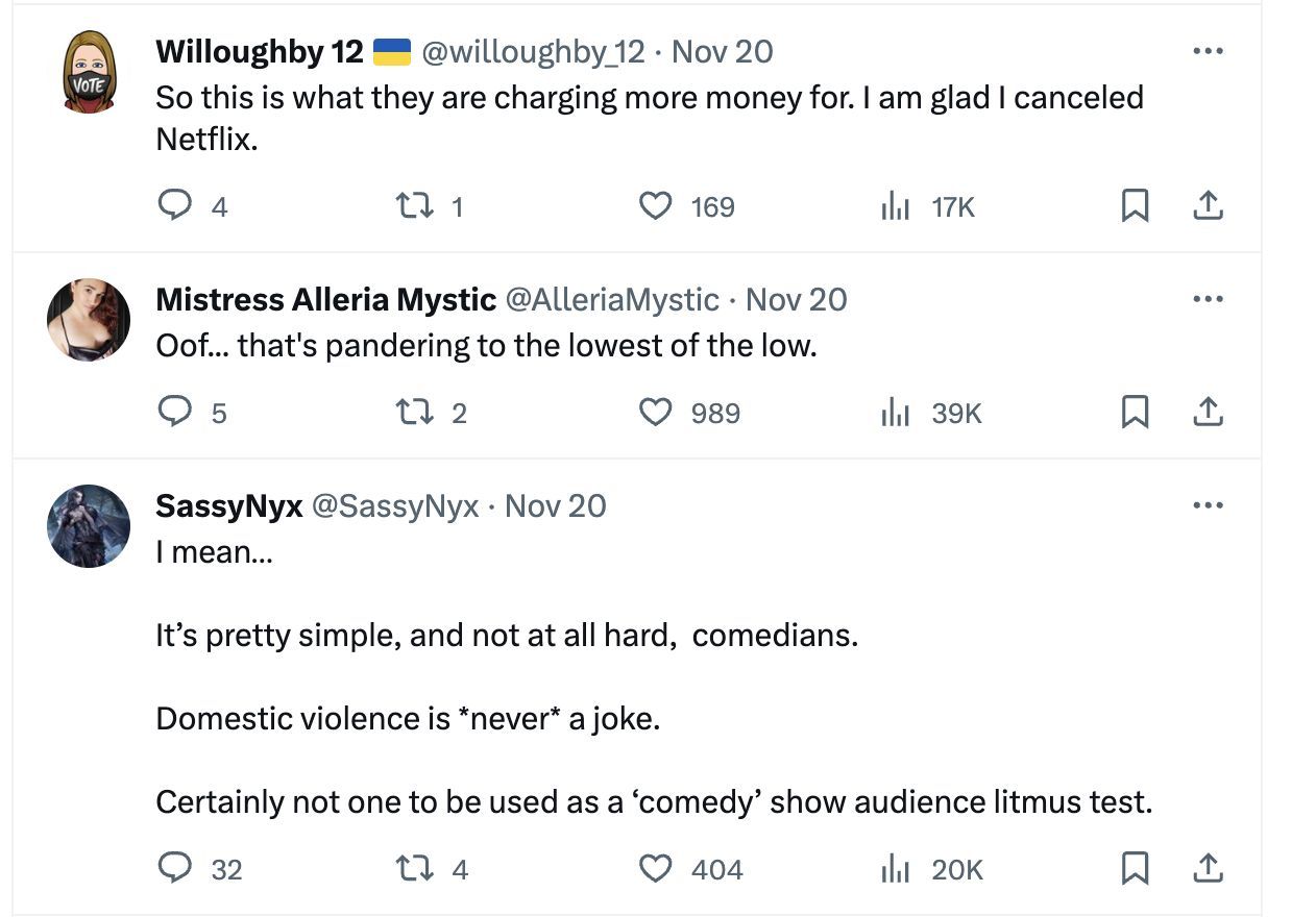 Netizens slam Rife for joking about domestic violence in the Netflix Special on November 16, 2023. (Image via @TheOfficerTatum/X)