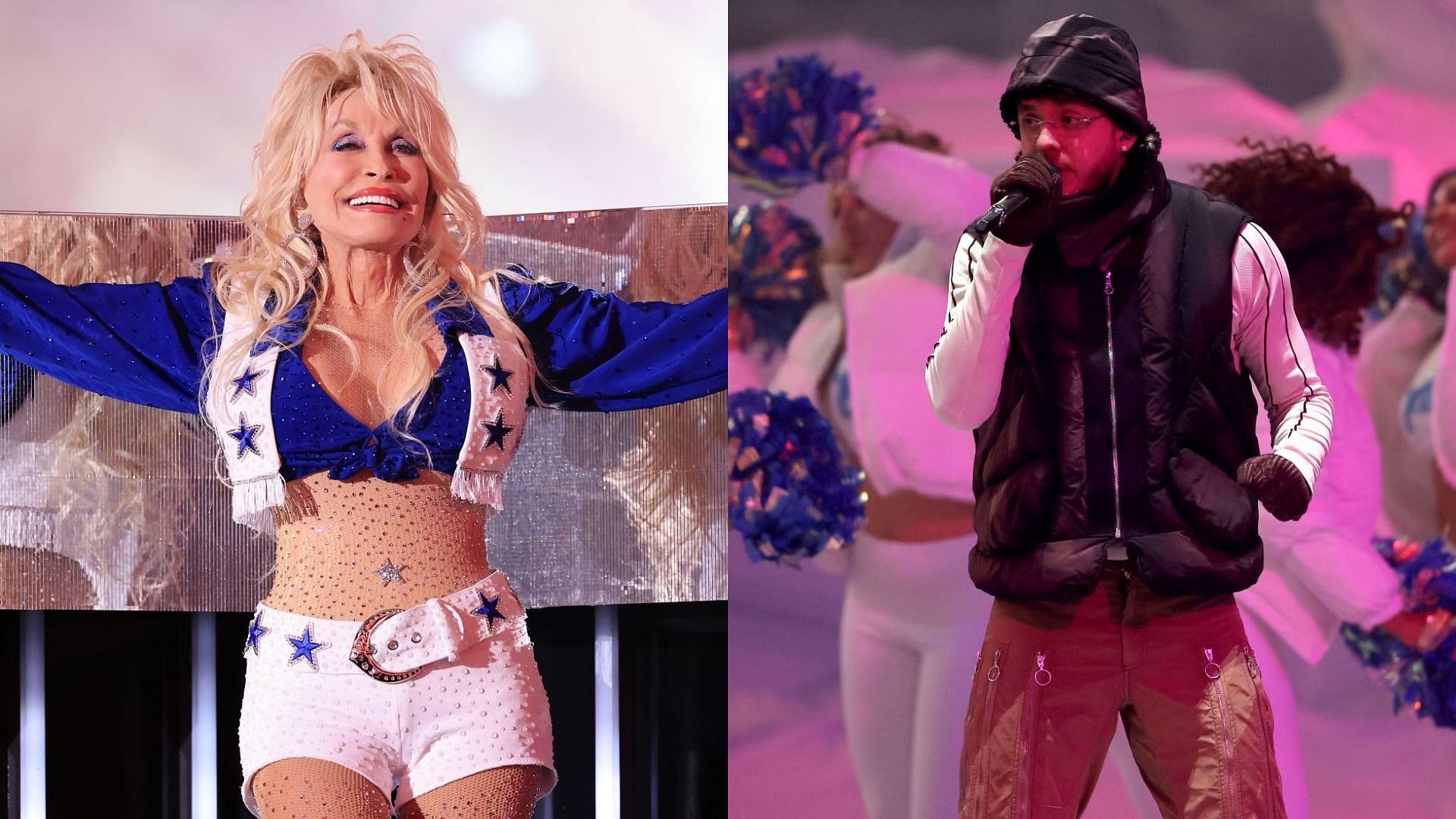 Dolly Parton and Jack Harlow performing during halftime of the NFL