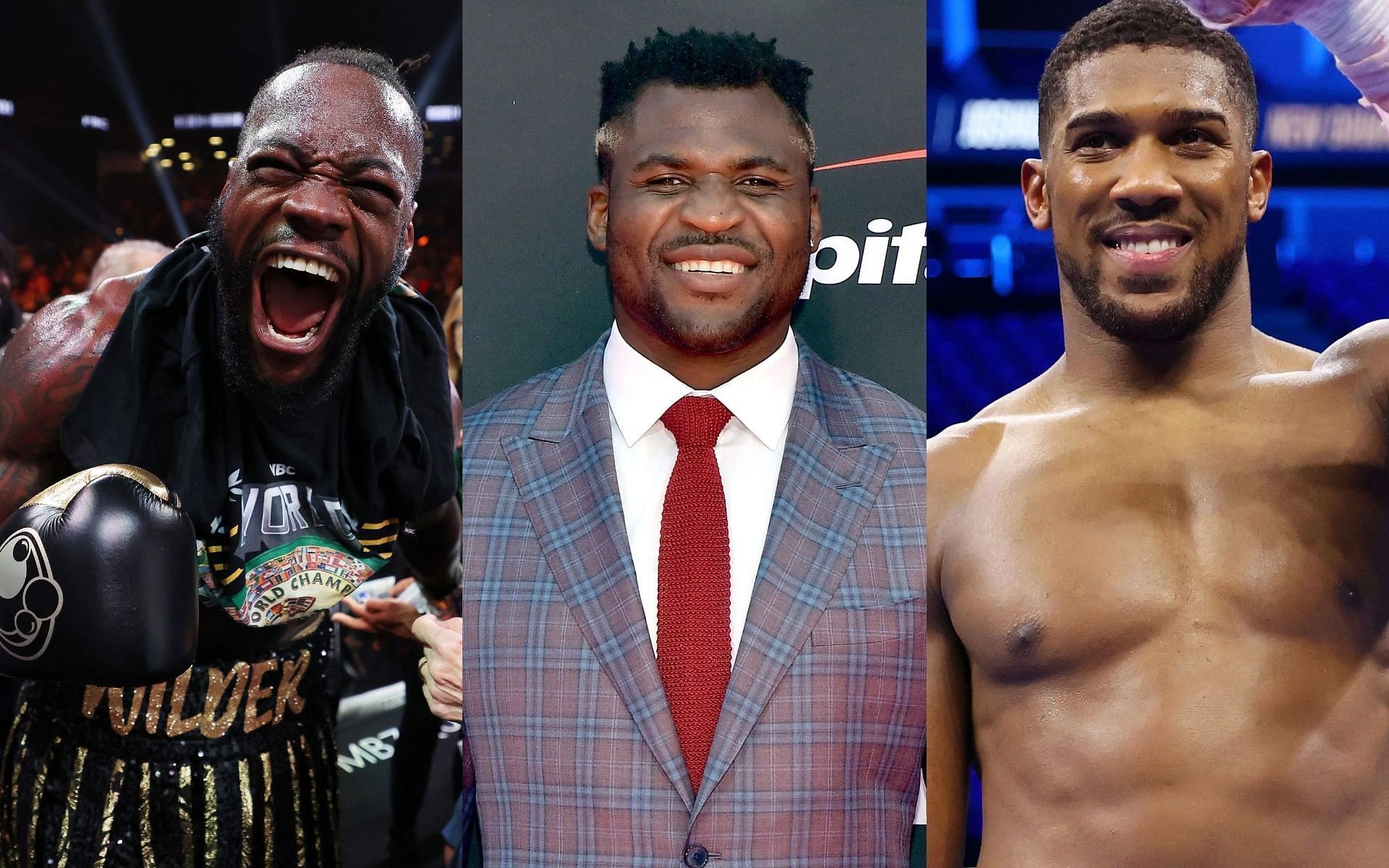 Deontay Wilder (L), Francis Ngannou (M). and Deontay Wilder (R).