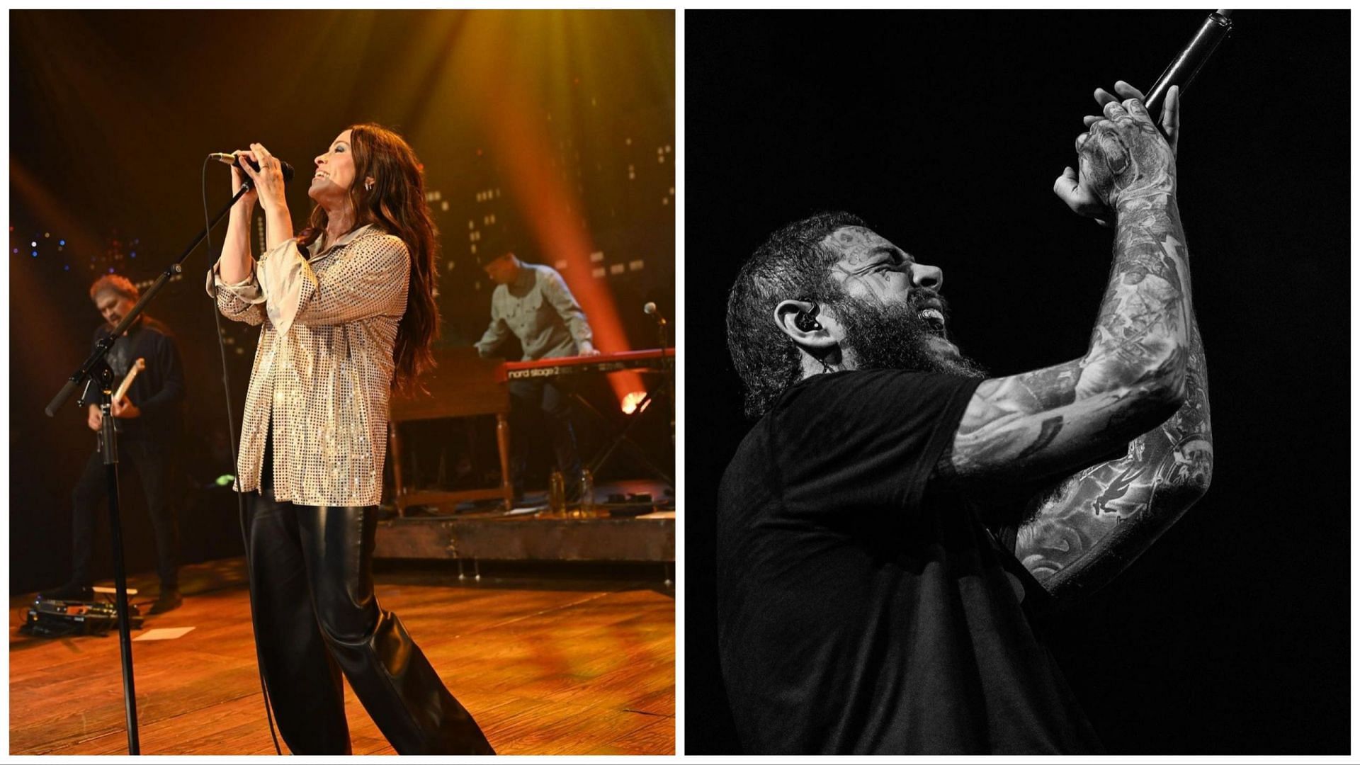 Portraits of headliners Post Malone and Alanis Morrisette (Images via official Instagram @postmalone and @alanis)