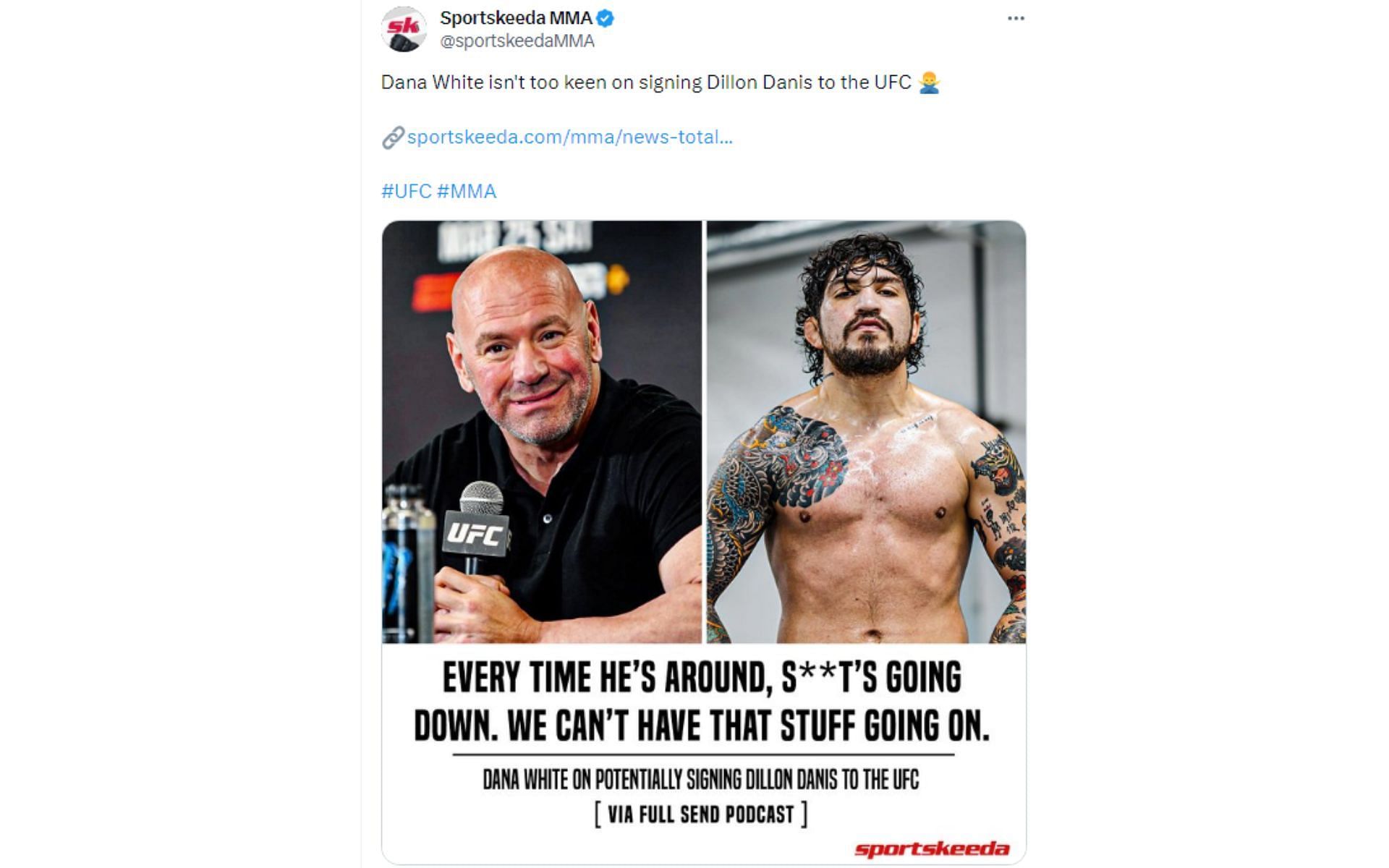 Tweet regarding comments about Dillon Danis in the UFC