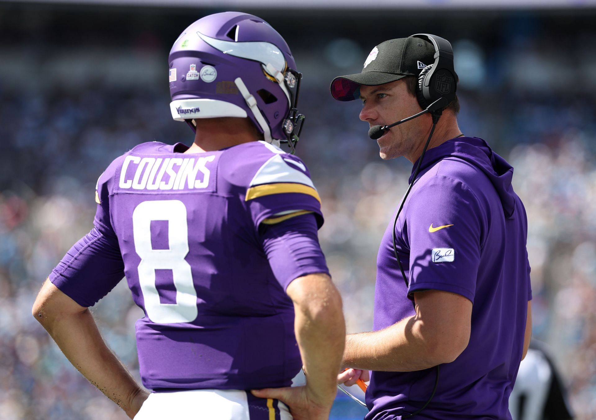 Kevin O&#039;Connell and Kirk Cousins during Minnesota Vikings v Carolina Panthers