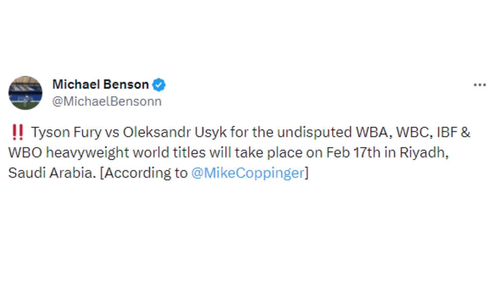 Tweet regarding Fury vs. Usyk