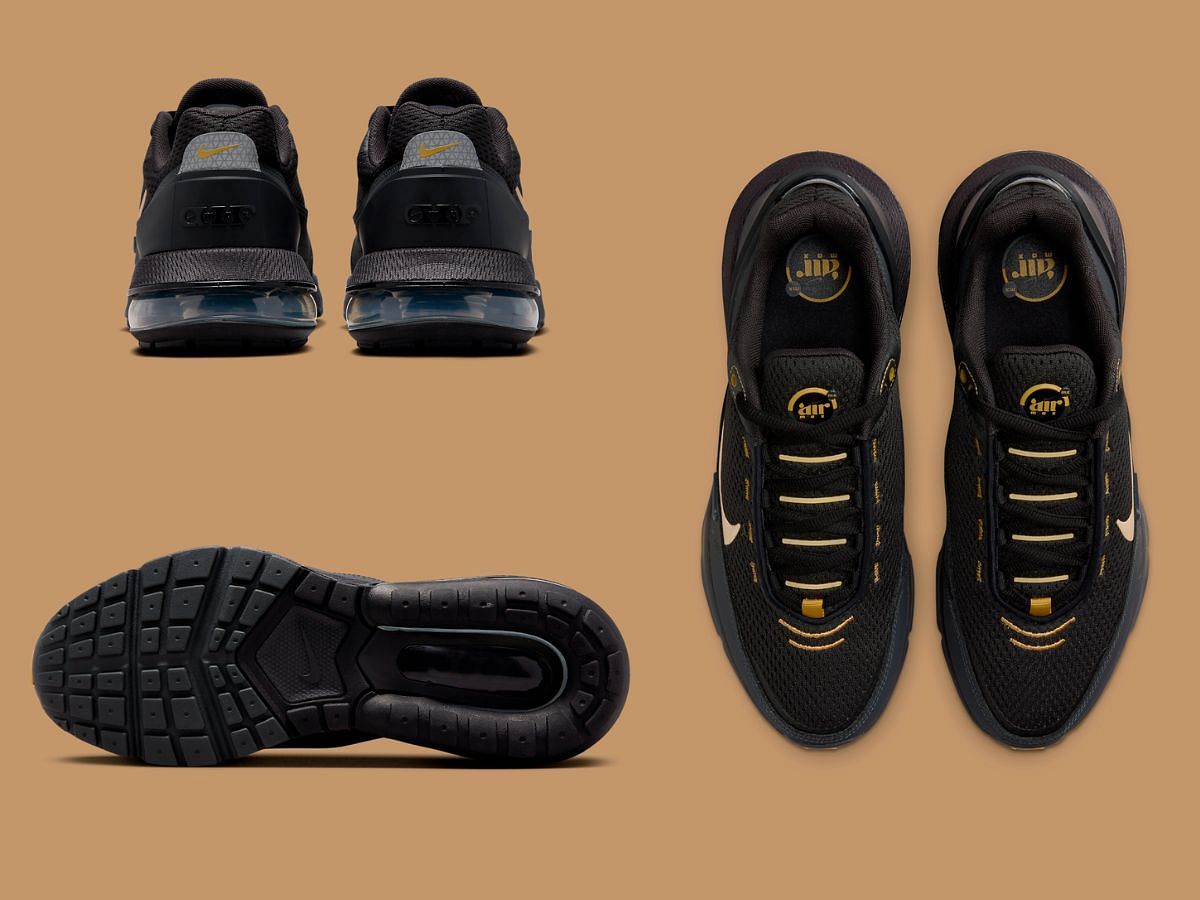 Overview of Nike Air Max Plus &ldquo;Black/Flat Gold&rdquo; sneakers (Image via Sneaker News)
