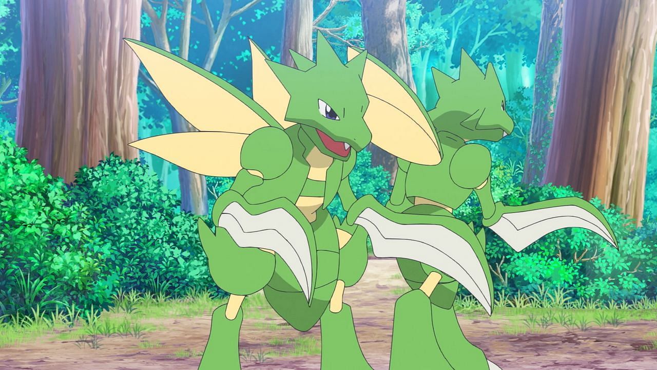 Scyther, shown with side-facing eyes in the anime (Image via The Pokemon Company)