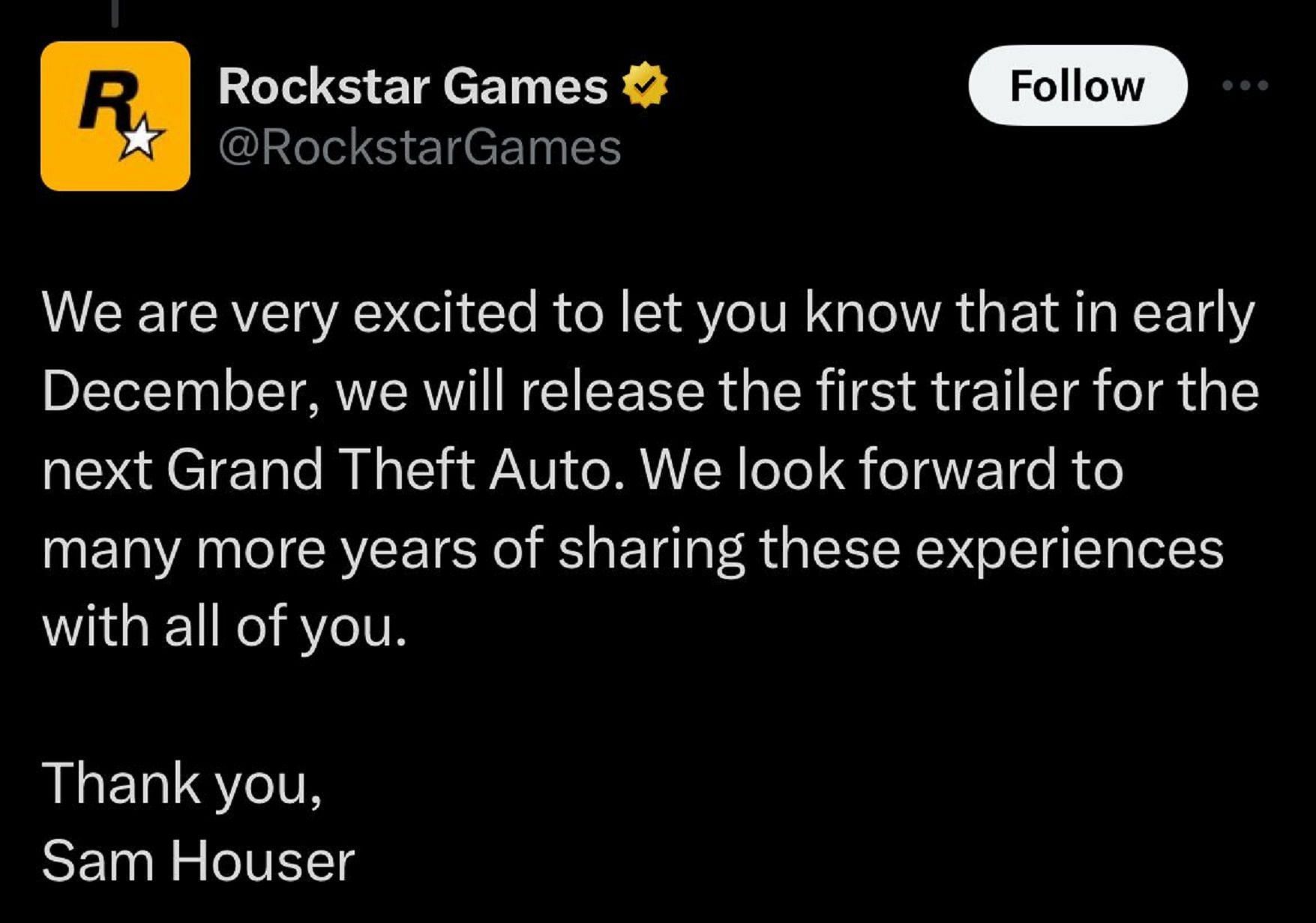 Sam Houser confirms new Grand Theft Auto game trailer (Image via X/@RockstarGames)