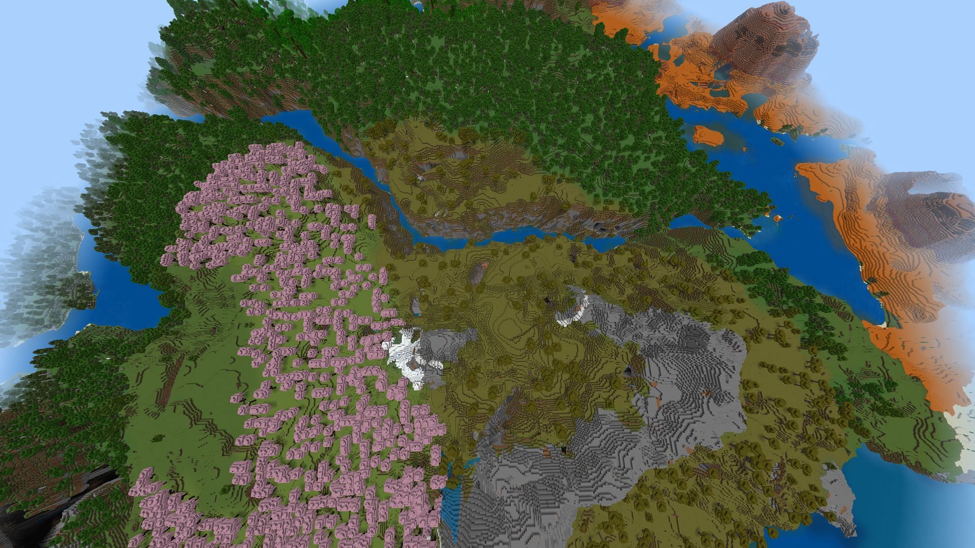 The spawn point of this Minecraft seed has a little bit of everything worth enjoying (Image via Comfortable-Wolf7851/Reddit)