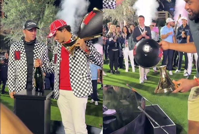 Watch: Carlos Sainz drops and breaks the Netflix Cup amid celebration with Justin Thomas
