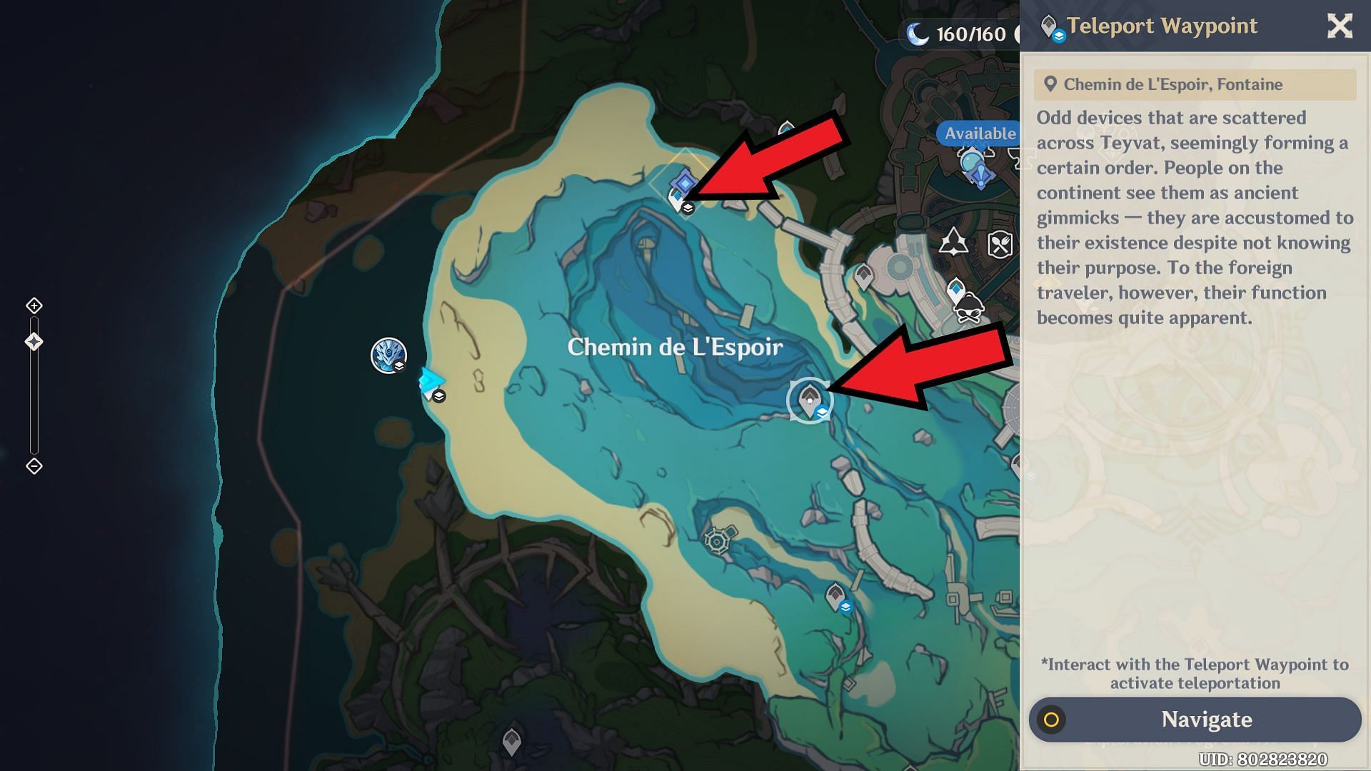 Two teleport waypoints in the Chemin de L&#039;Espoir (Image via Genshin Impact)