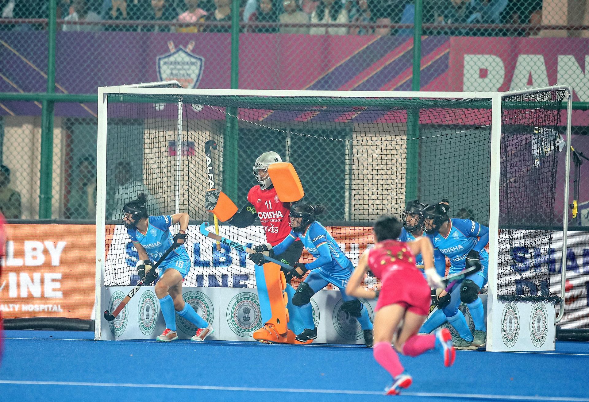Indian Team defending the penalty corner against Japan (Picture Credits: Hockey India)