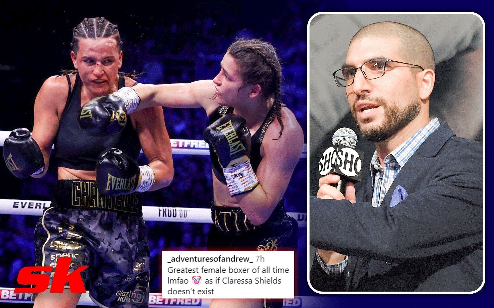 Chantelle Cameron and Katie Taylor (left) Ariel Helwani (right) [Image courtesy Getty Images @DAZNBoxing on X]